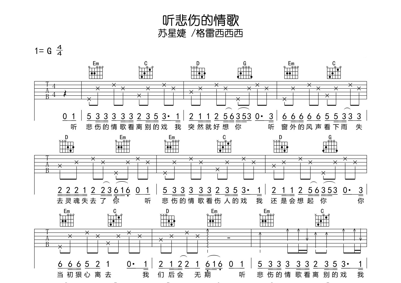 听悲伤的情歌吉他谱预览图