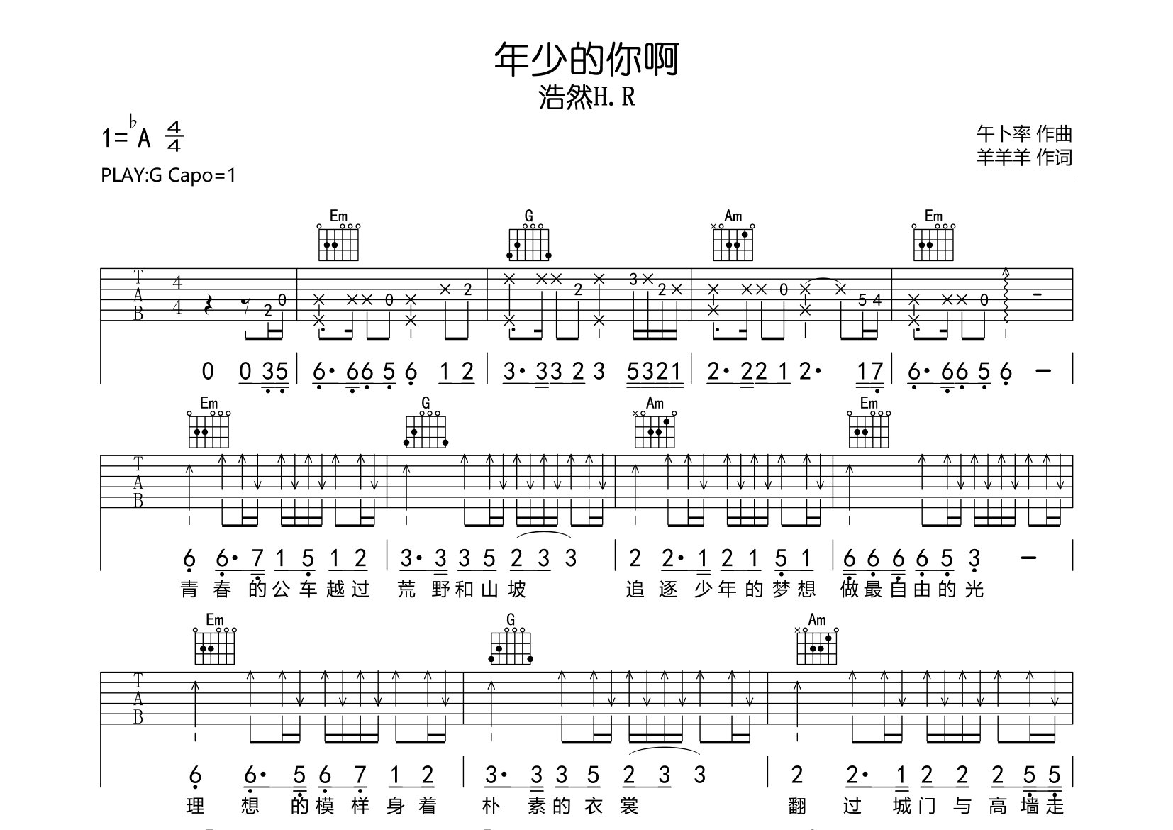 年少的你啊吉他谱预览图