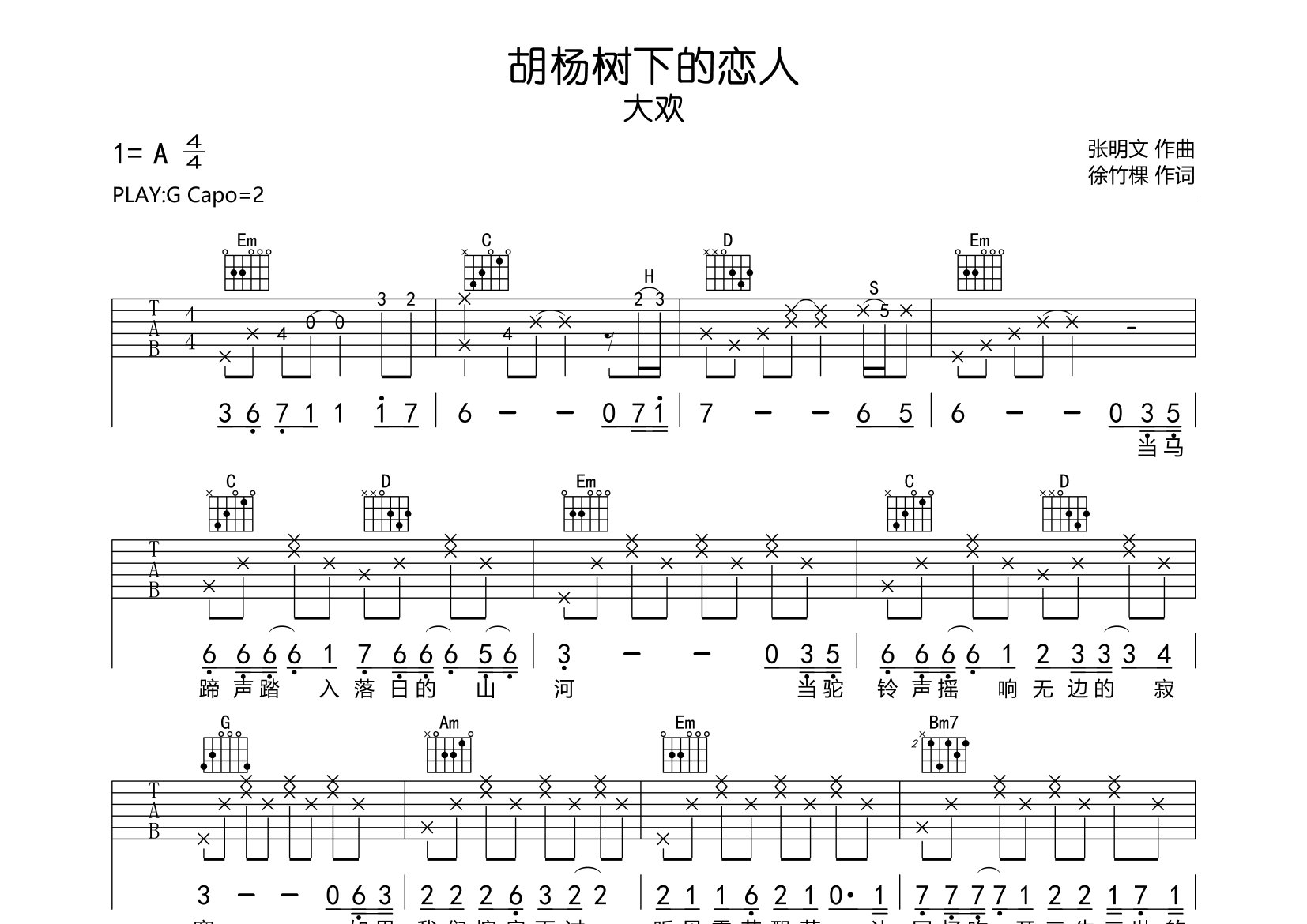 胡杨树下的恋人吉他谱预览图