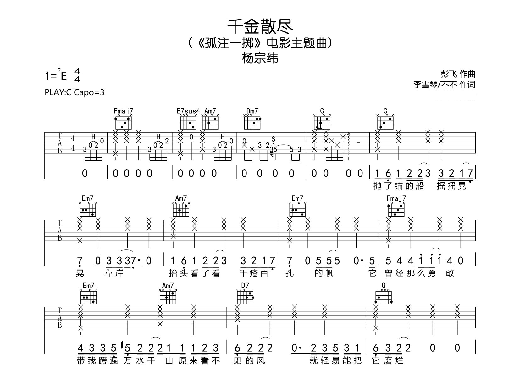 千金散尽吉他谱预览图