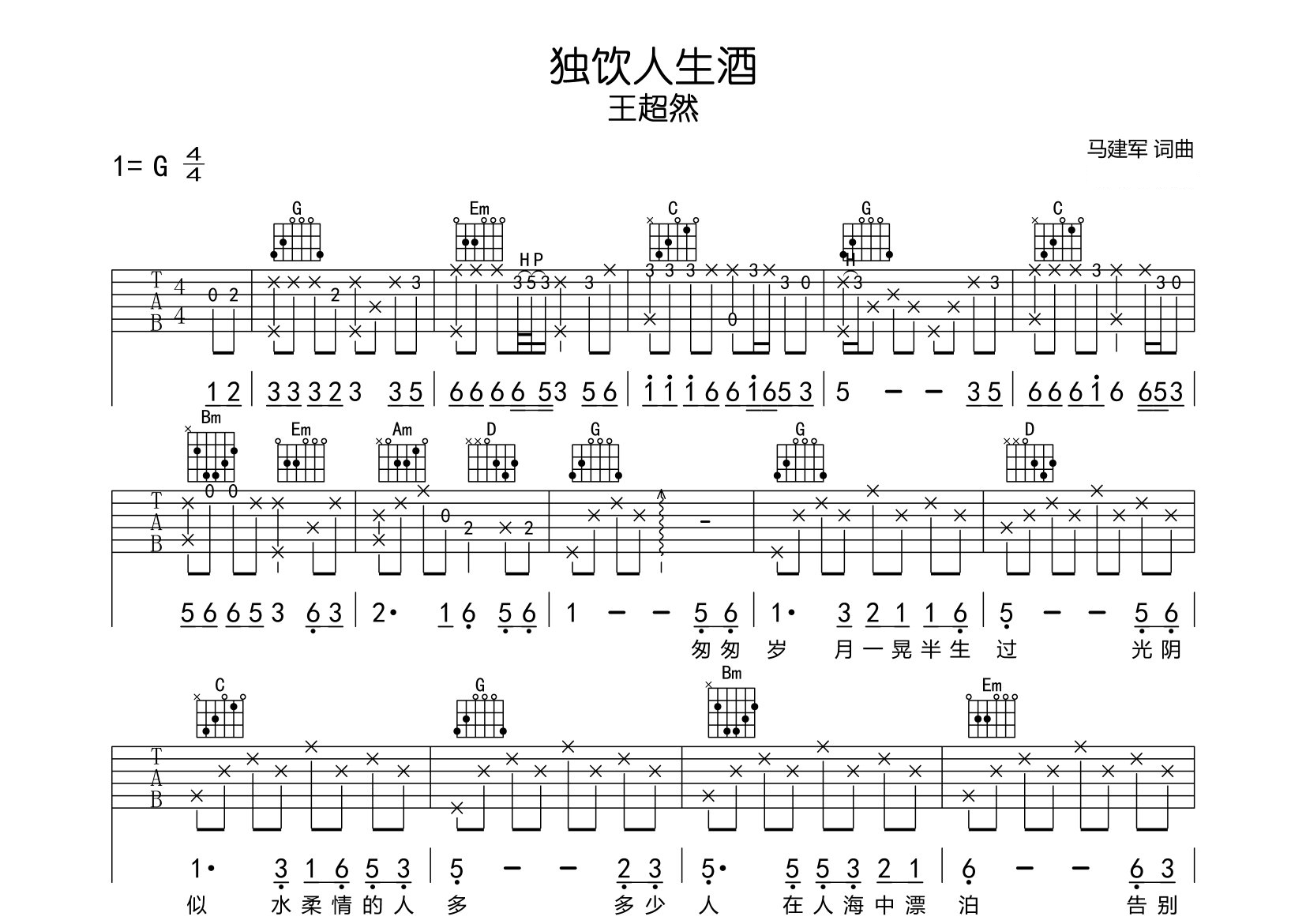 独饮人生酒吉他谱预览图