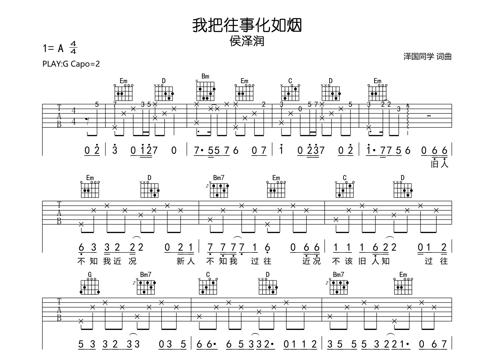 我把往事化如烟吉他谱预览图