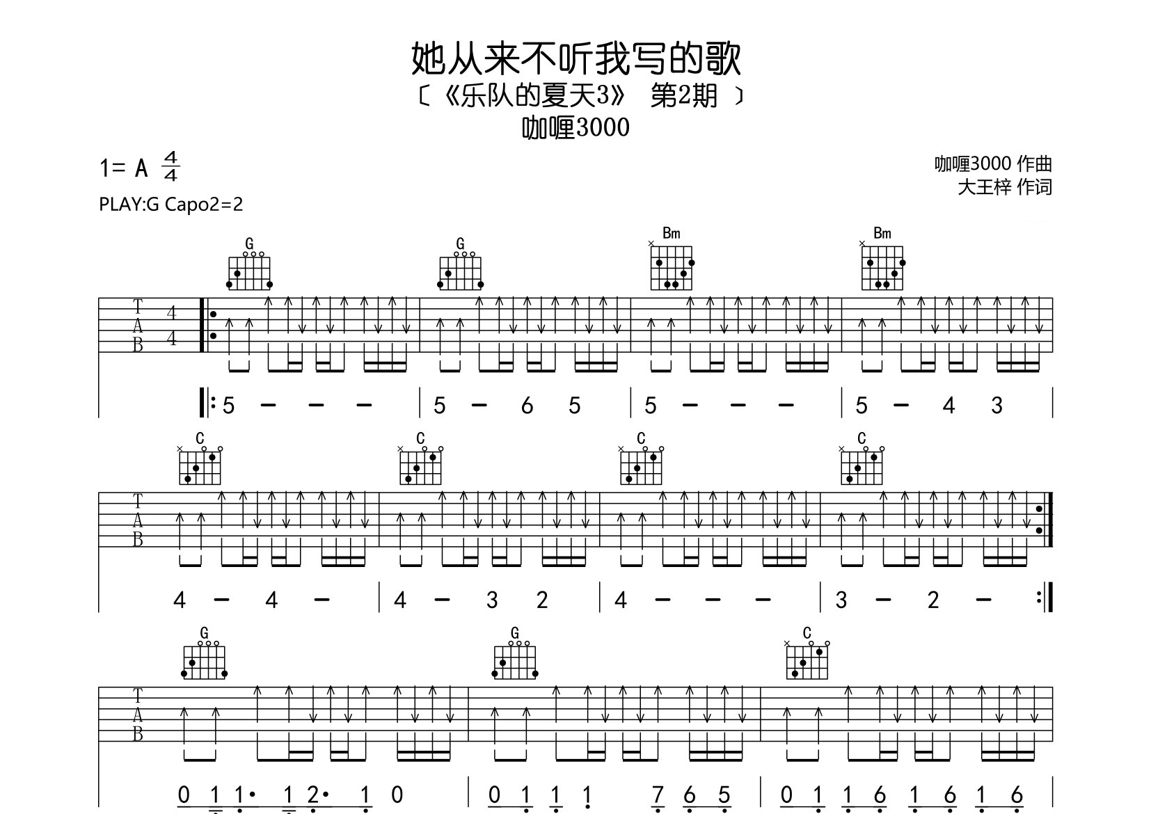她从来不听我写的歌吉他谱预览图