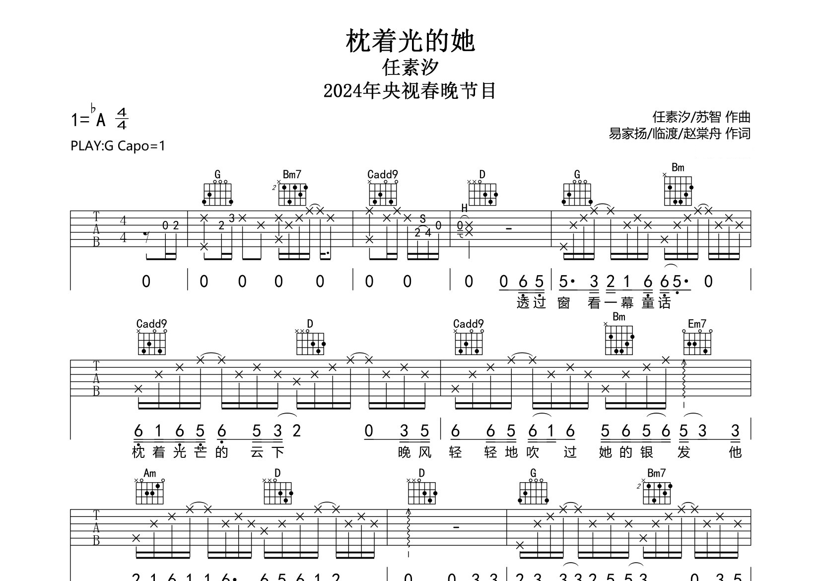 枕着光的她吉他谱预览图
