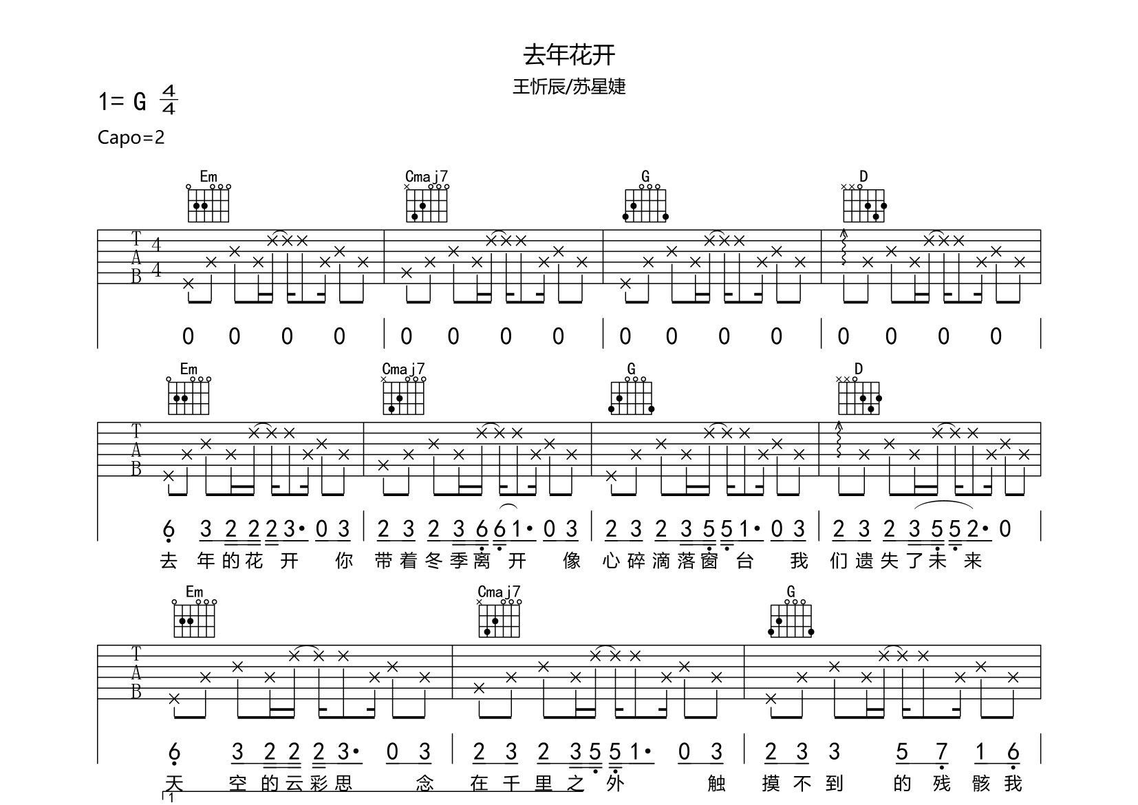 去年花开吉他谱预览图