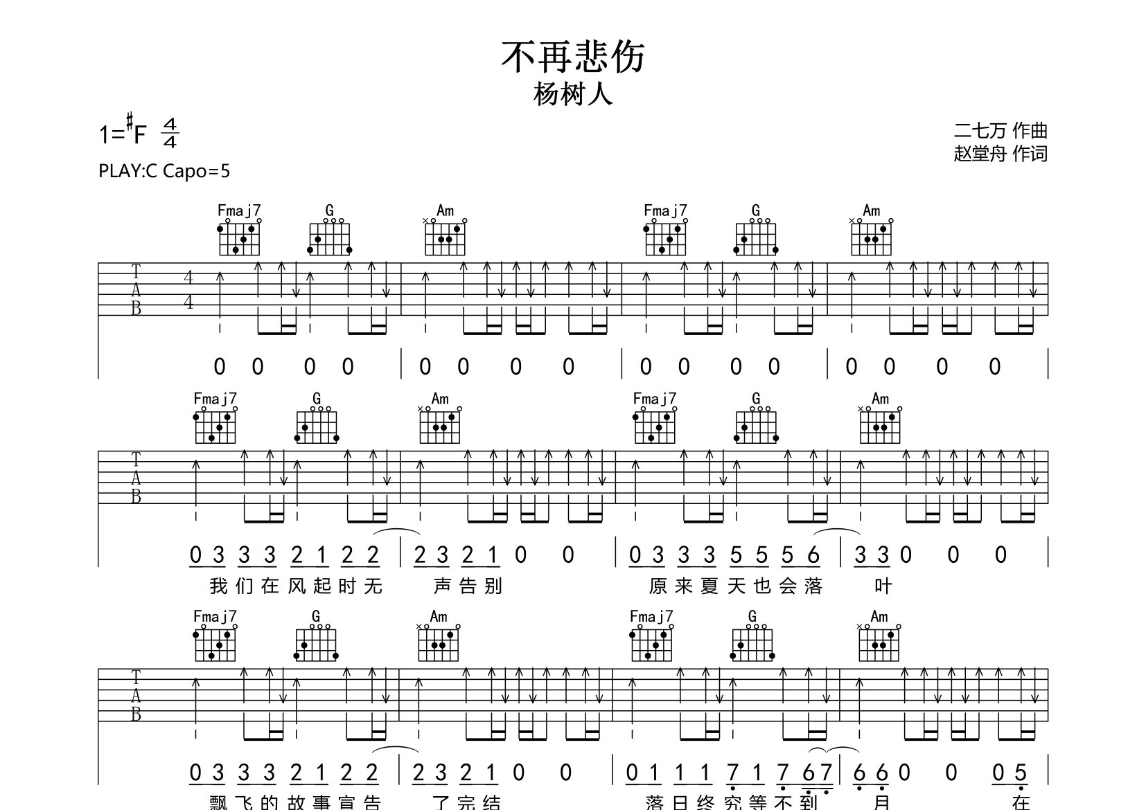 不再悲伤吉他谱预览图