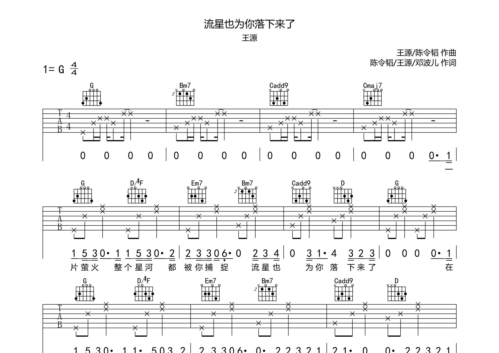 流星也为你落下来了吉他谱预览图