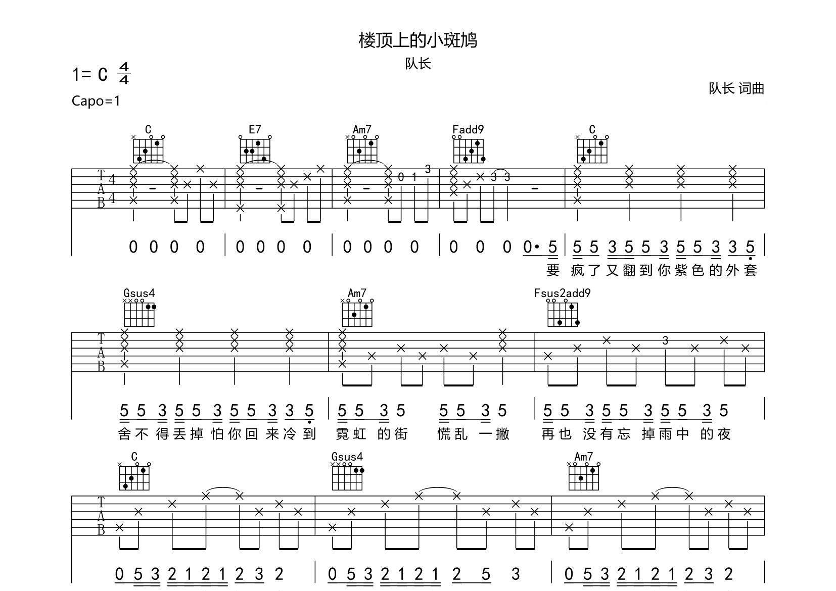 楼顶上的小斑鸠吉他谱预览图