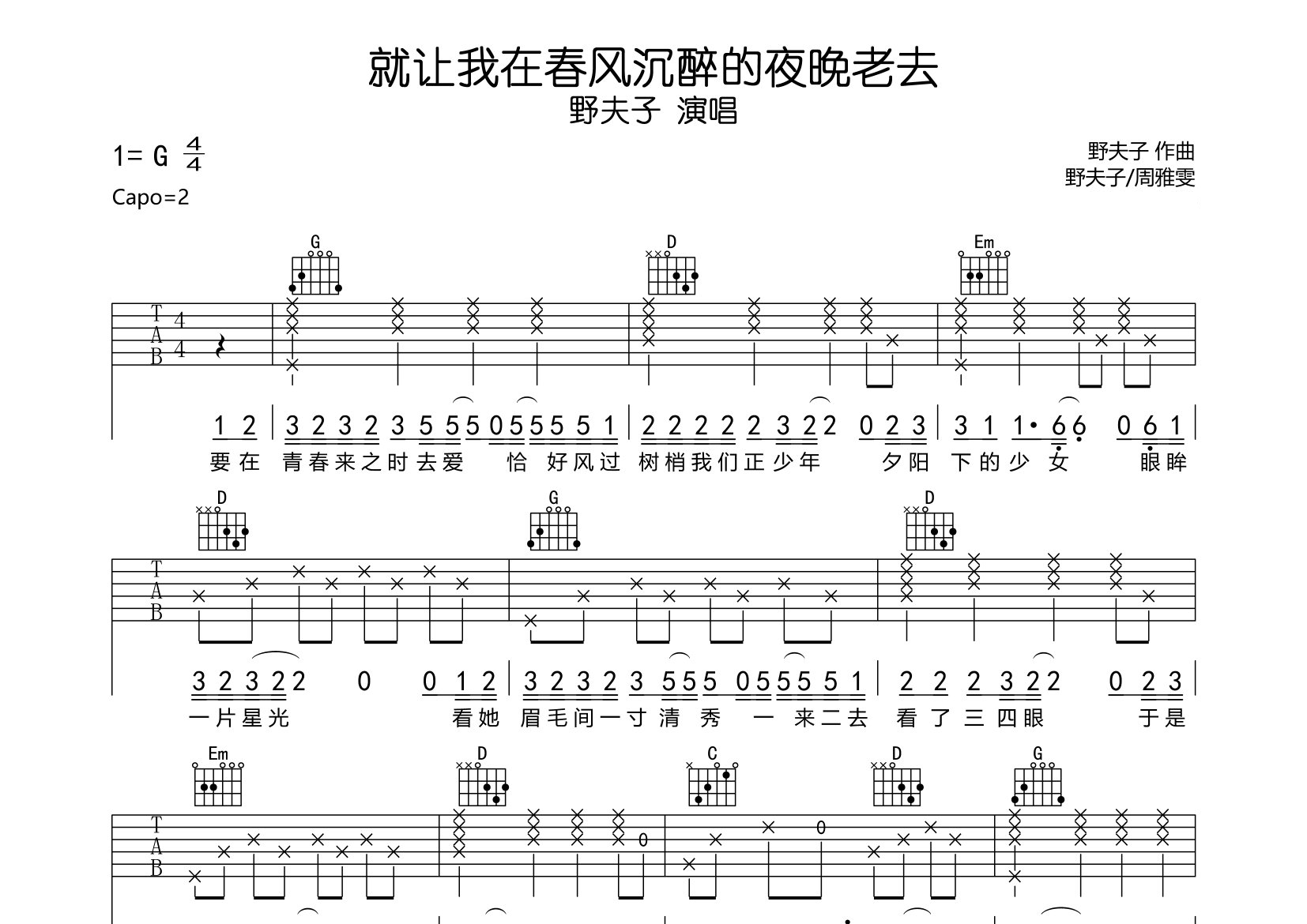 就让我在春风沉醉的夜晚老去吉他谱预览图