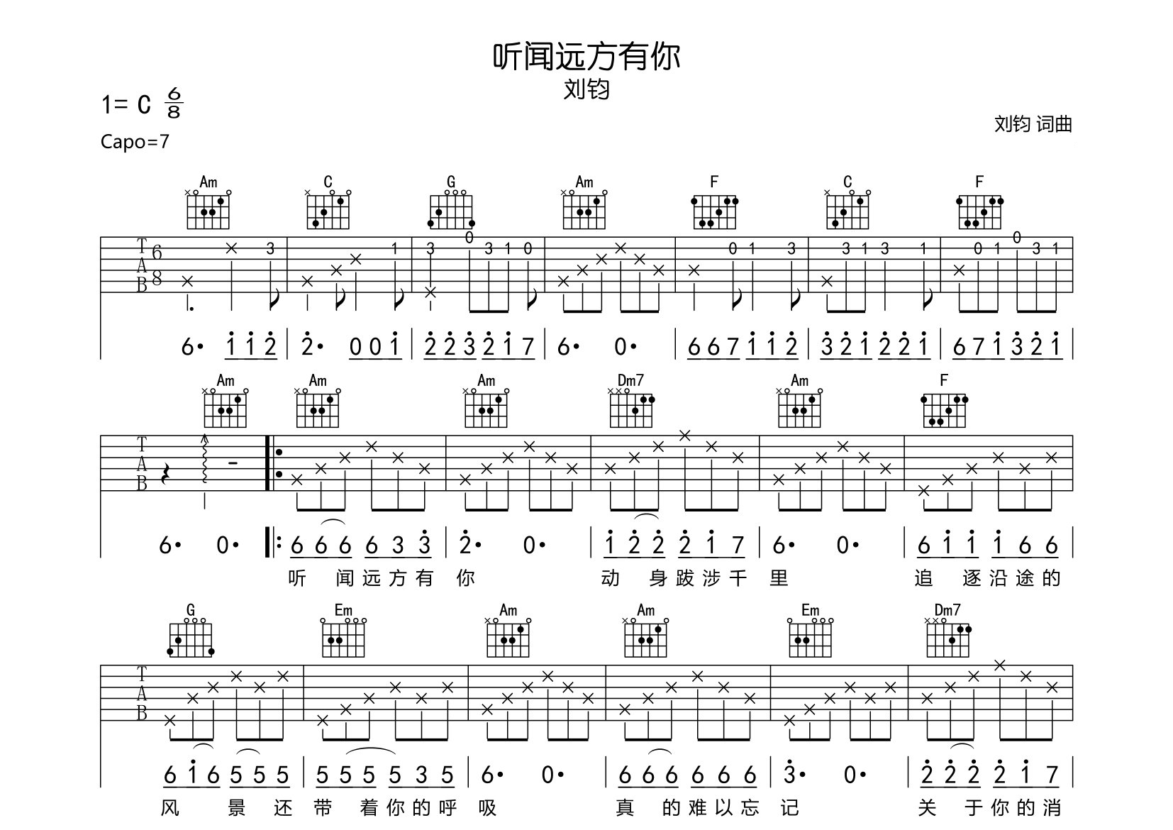 听闻远方有你吉他谱预览图