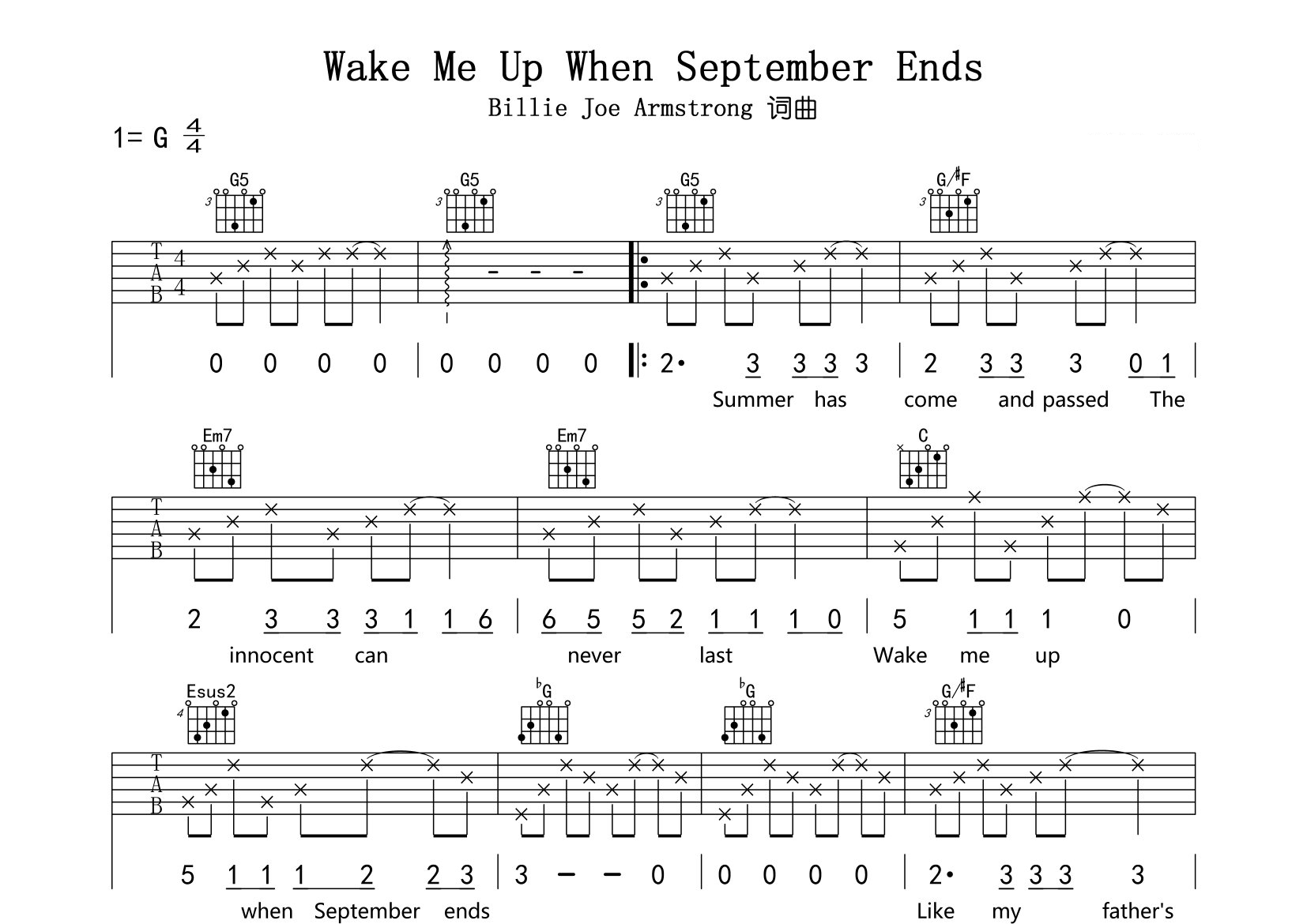 Wake-Me-Up-When-September-Ends吉他谱预览图