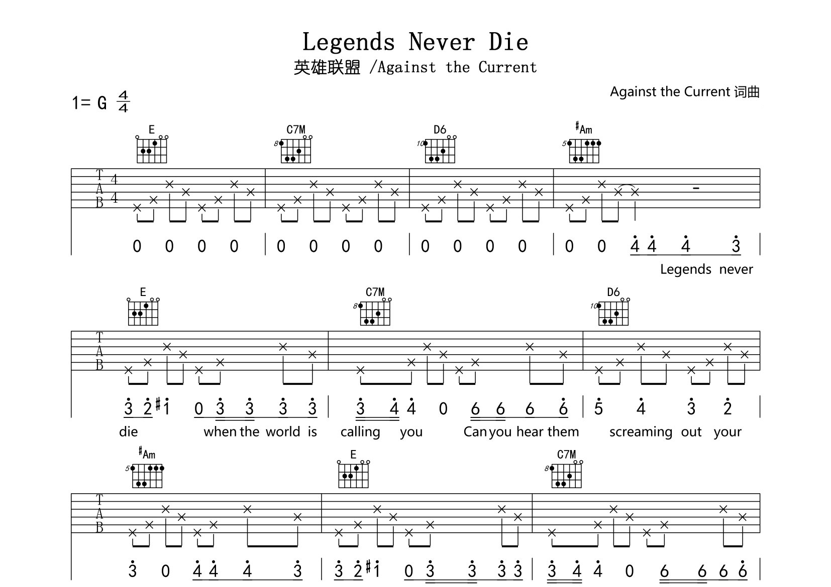 Legends-Never-Die吉他谱预览图