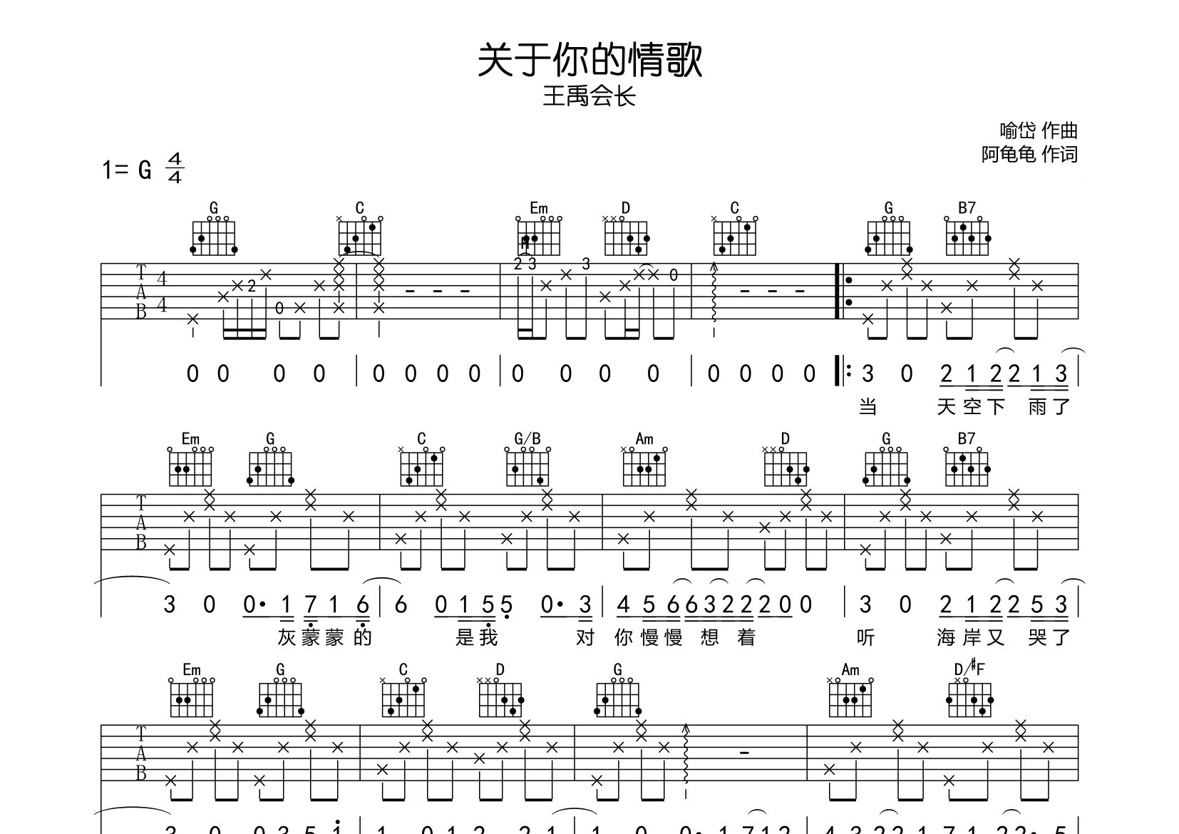 关于你的情歌吉他谱预览图