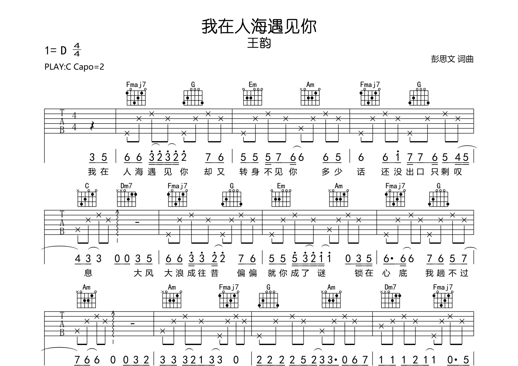 我在人海遇见你吉他谱预览图