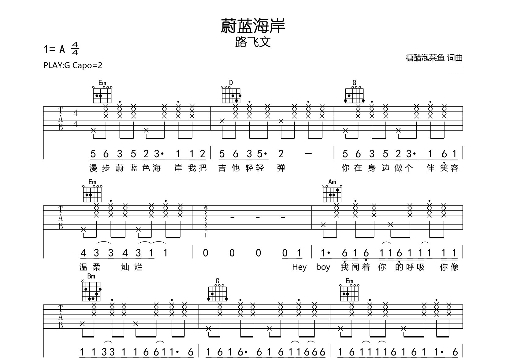 蔚蓝海岸吉他谱预览图
