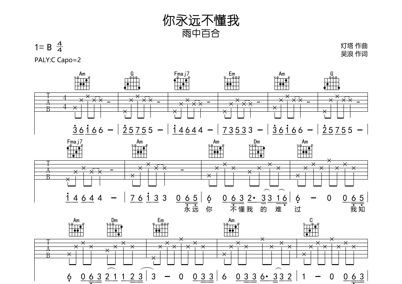 你永远不懂我吉他谱预览图