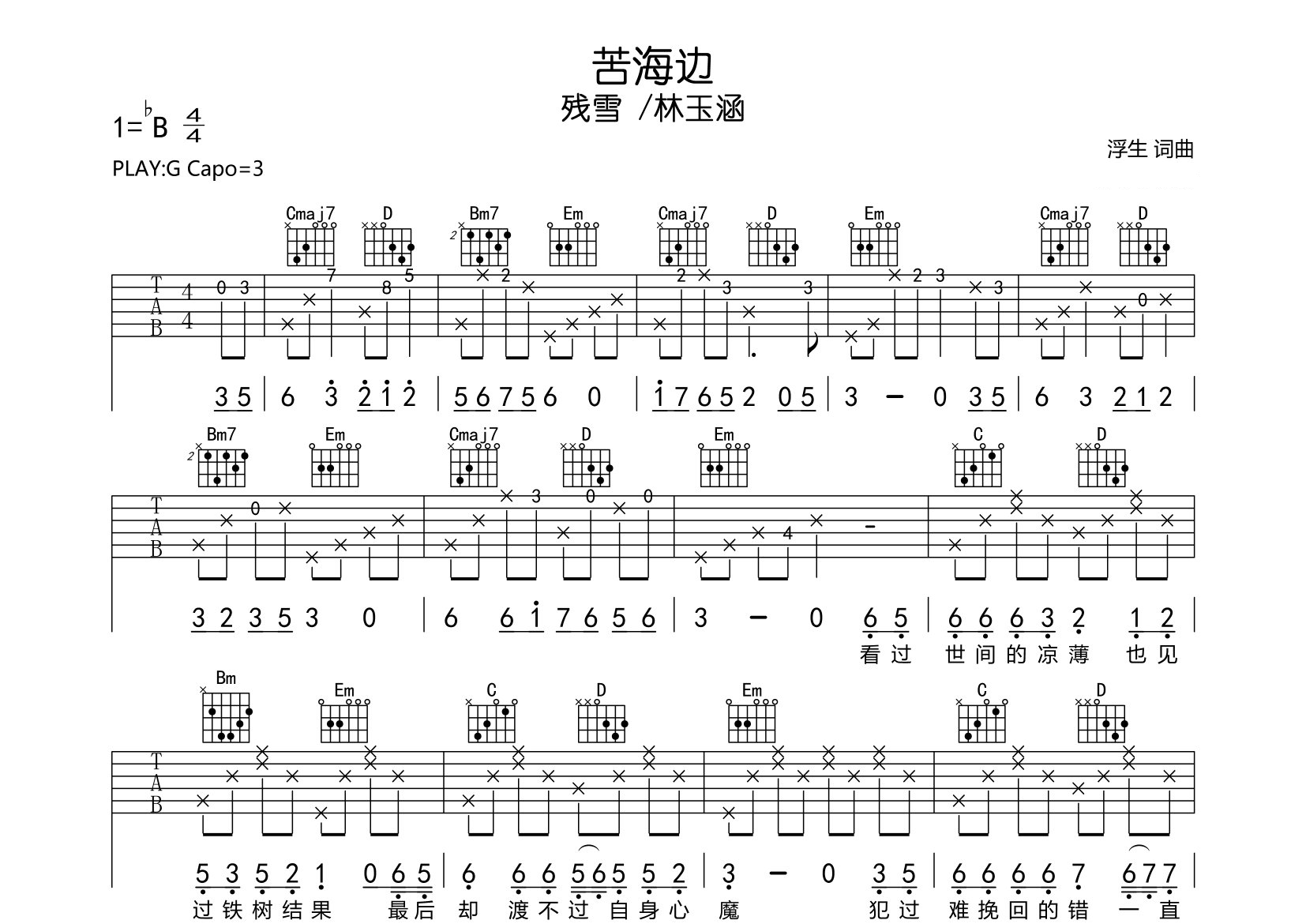 苦海边吉他谱预览图