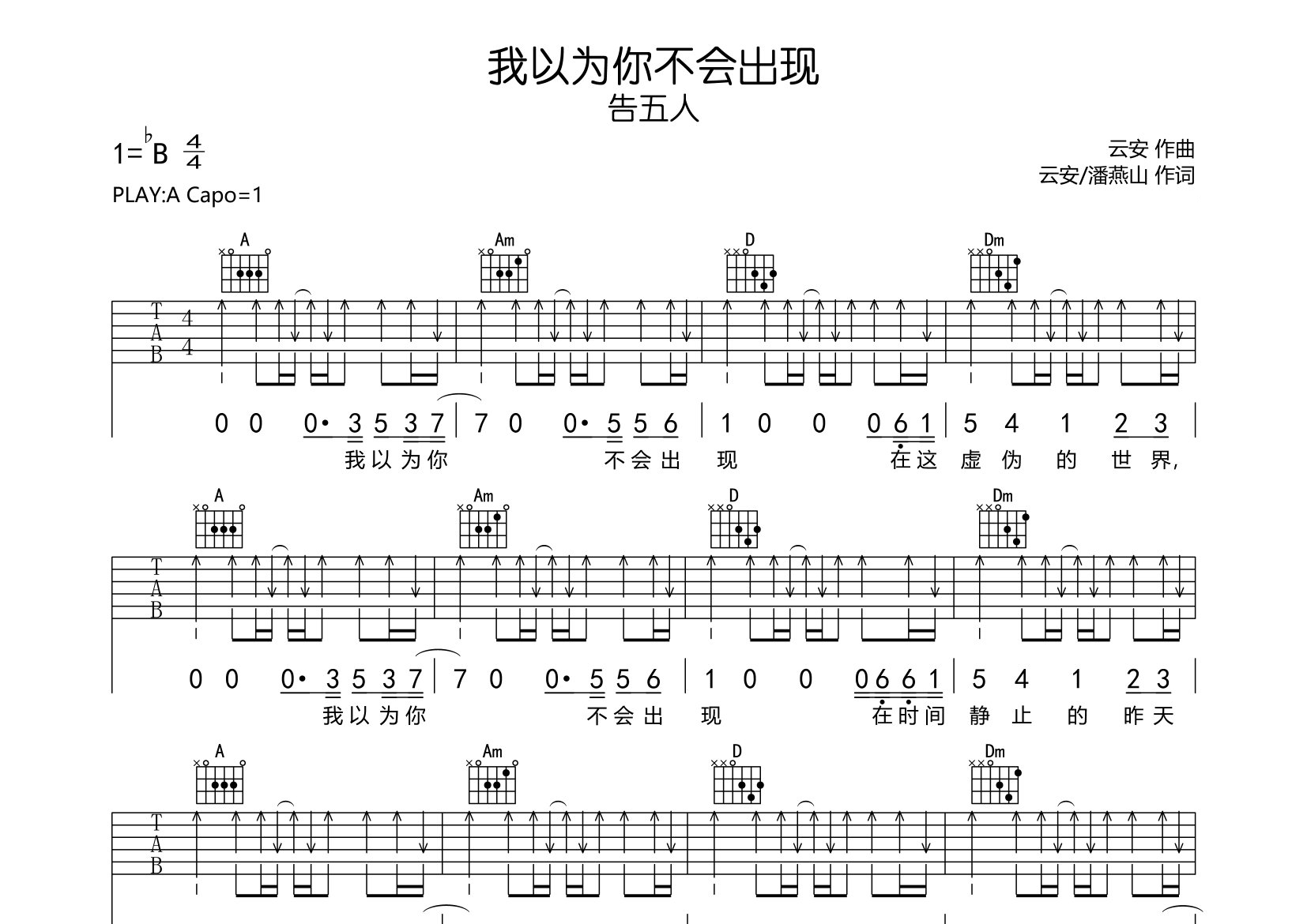 我以为你不会出现吉他谱预览图