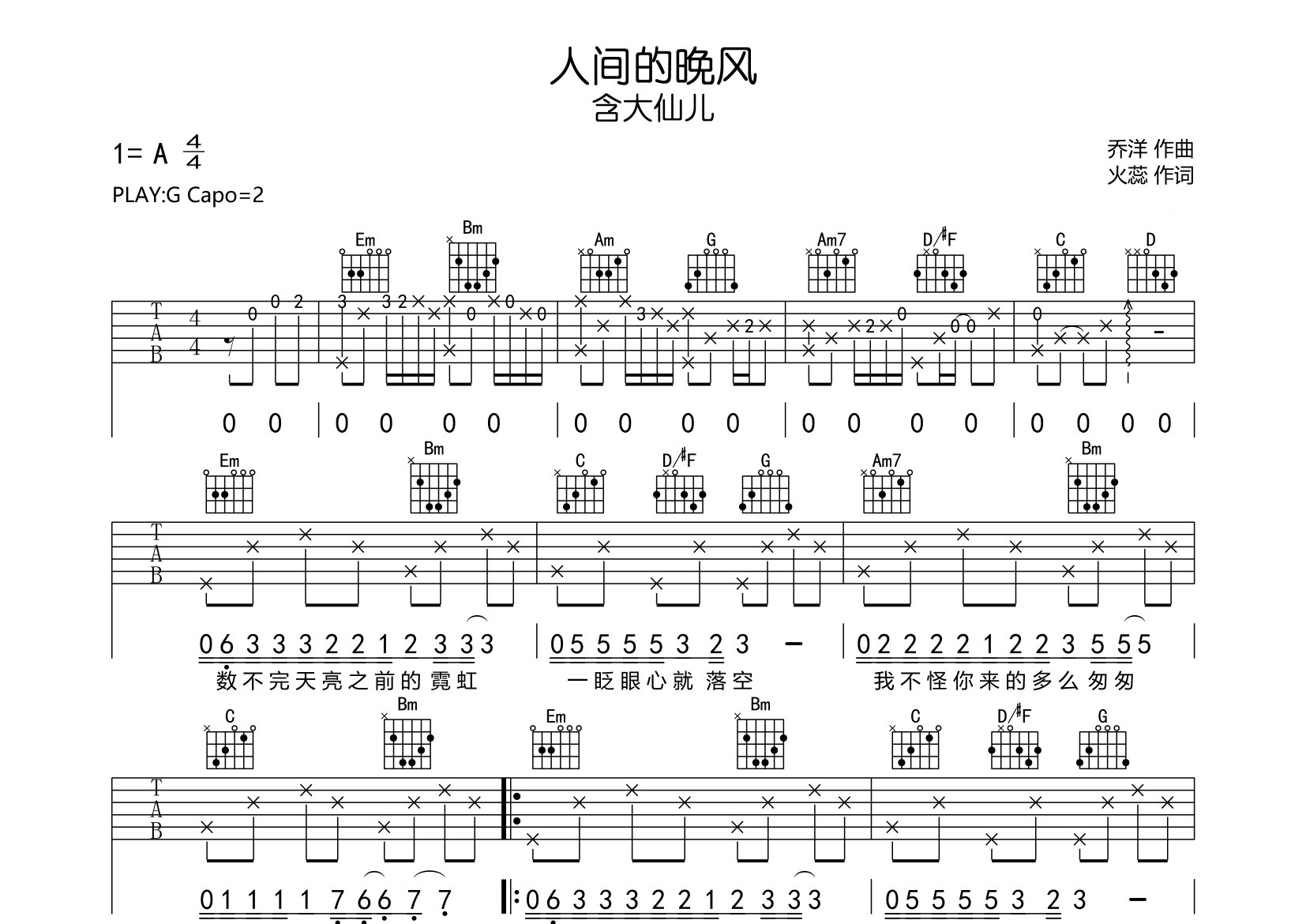 人间的晚风吉他谱预览图