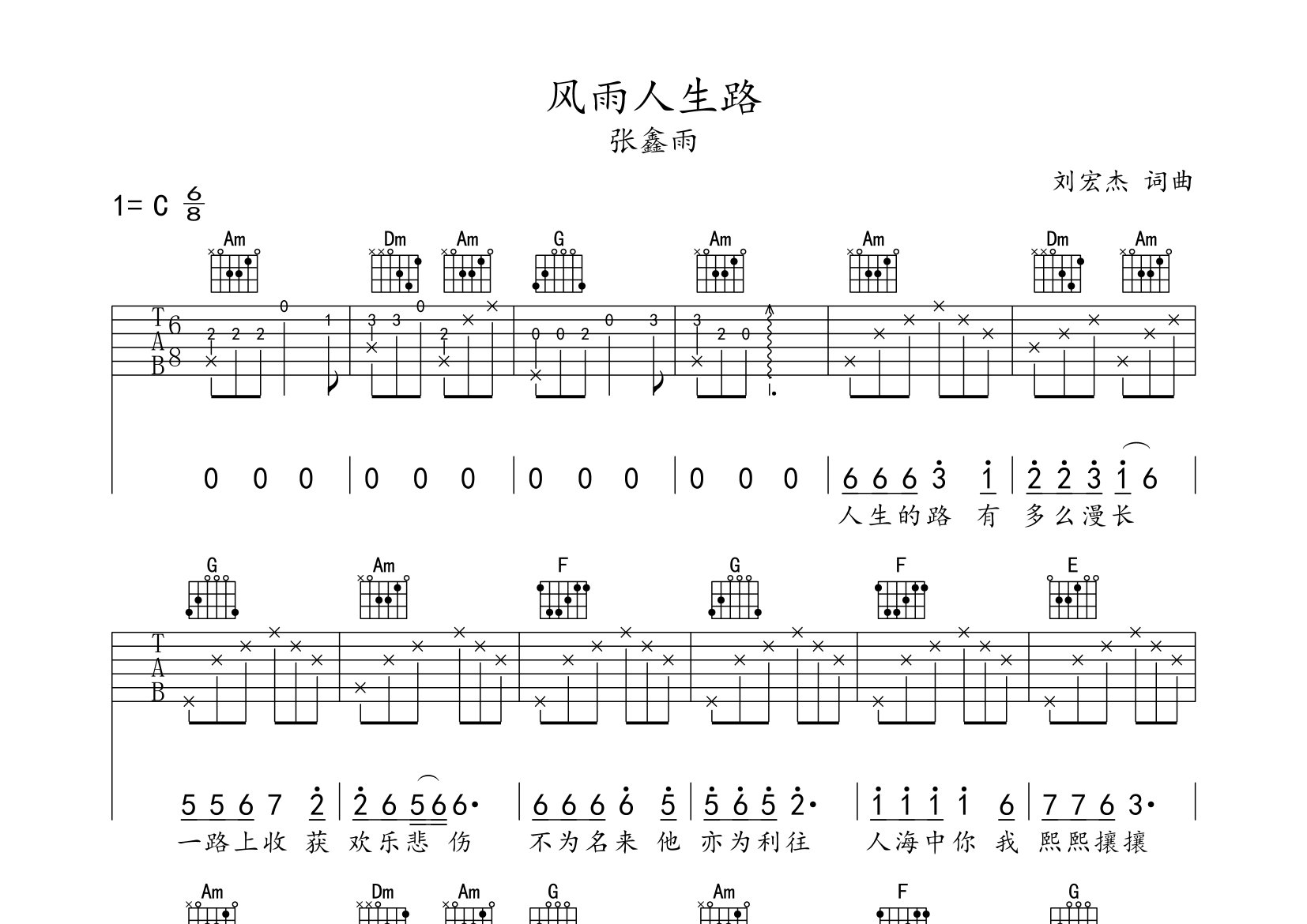 风雨人生路吉他谱预览图