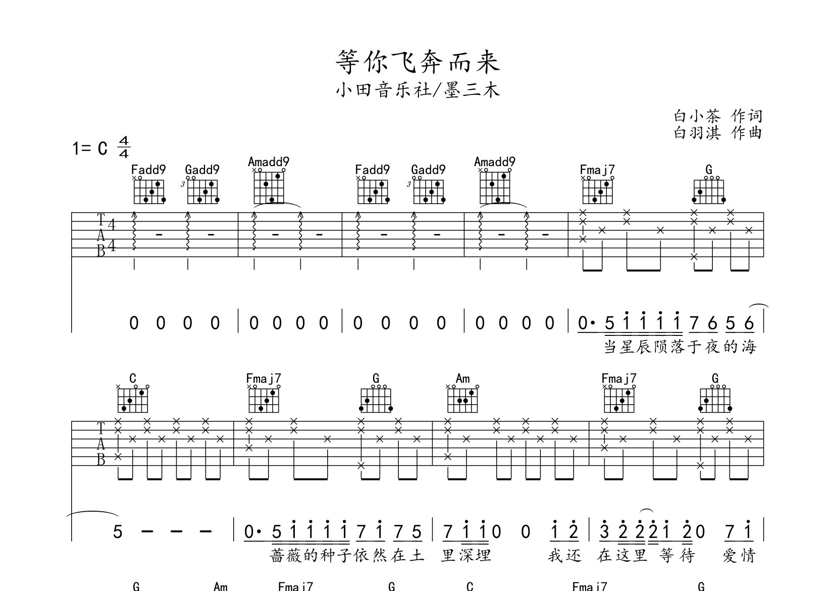 等你飞奔而来吉他谱预览图