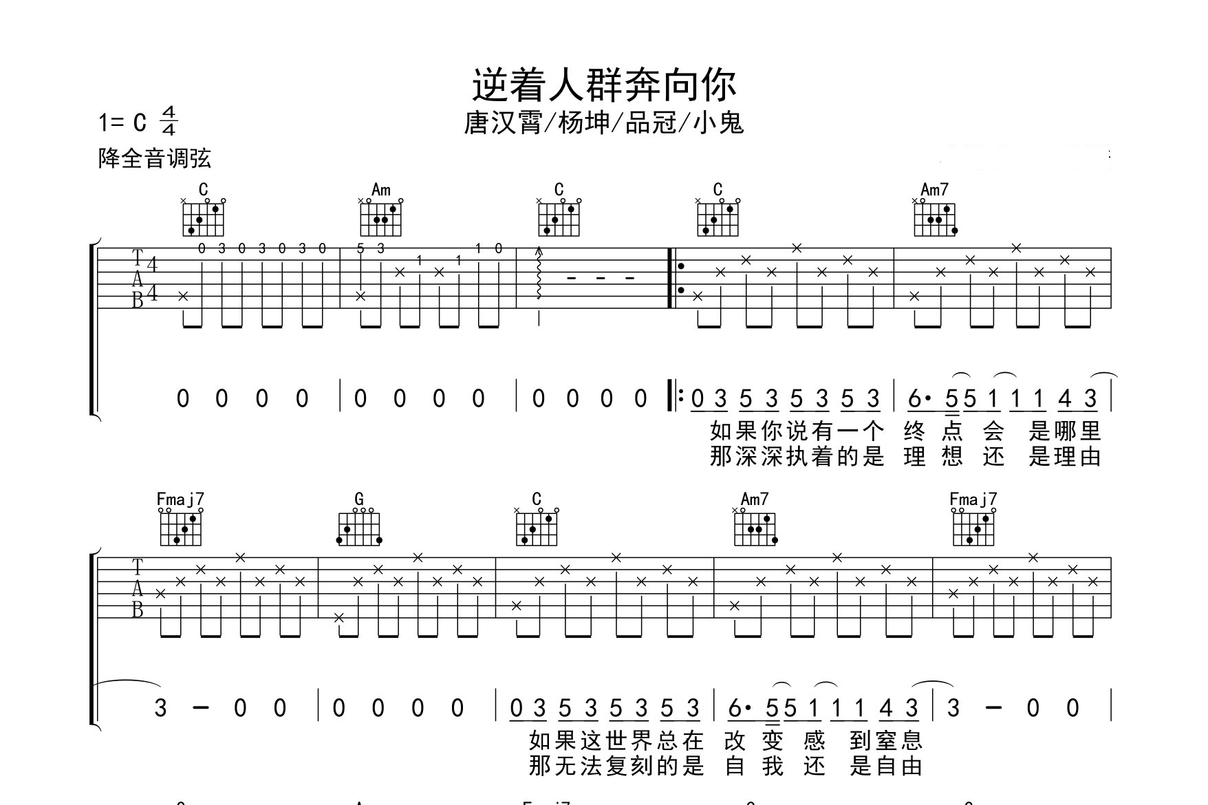 逆着人群奔向你吉他谱预览图