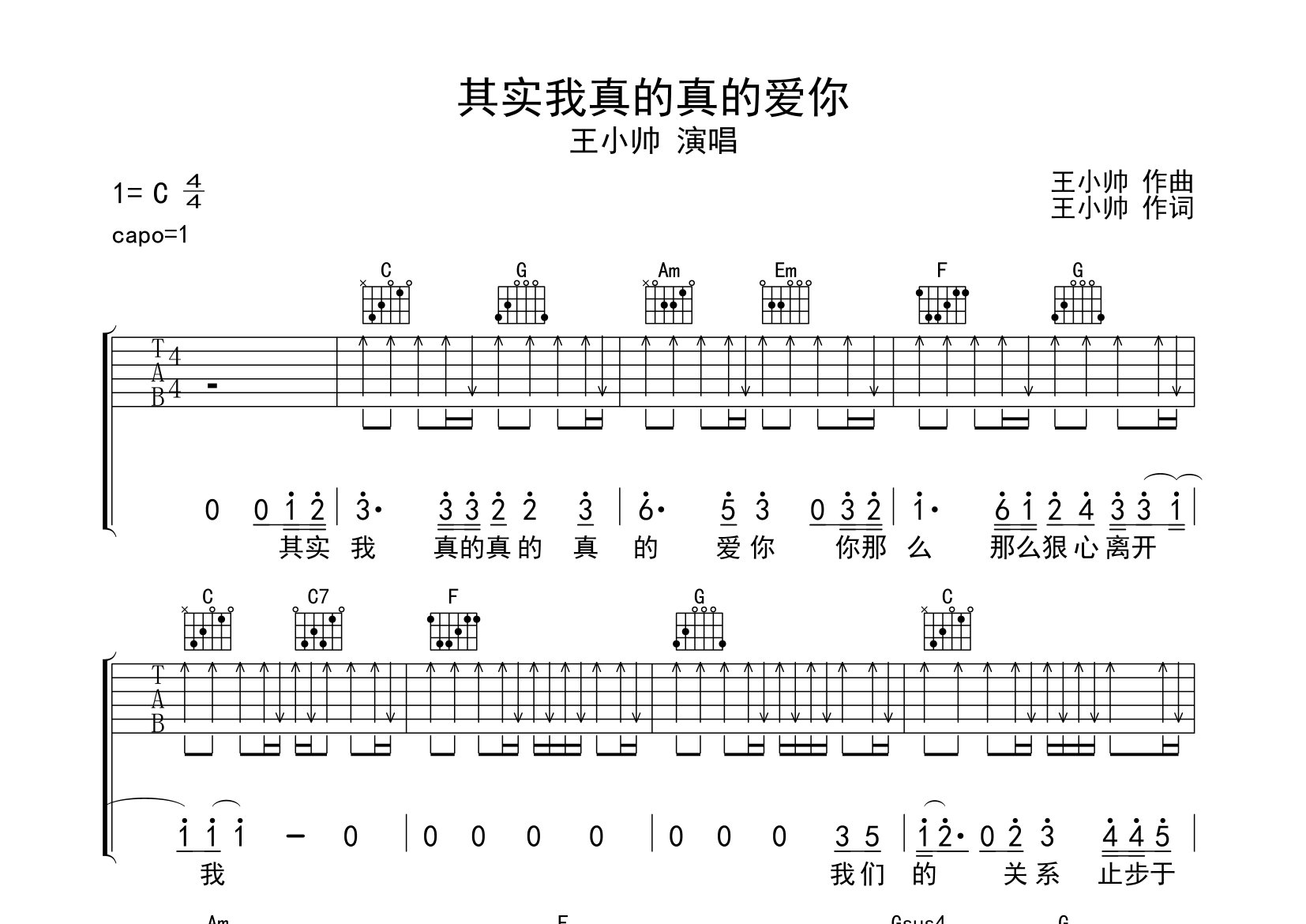 其实我真的真的爱你吉他谱预览图