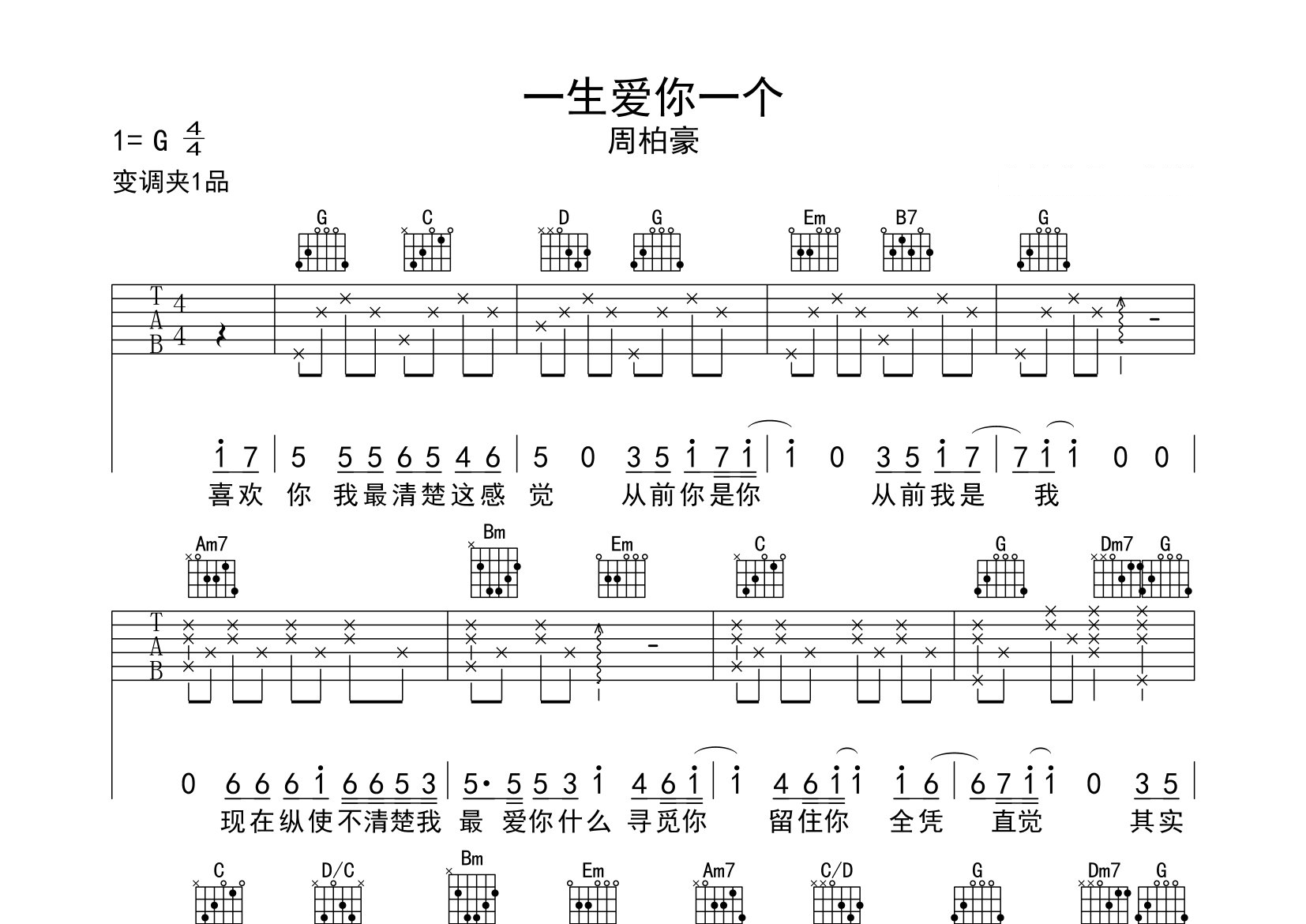 一生爱你一个吉他谱预览图