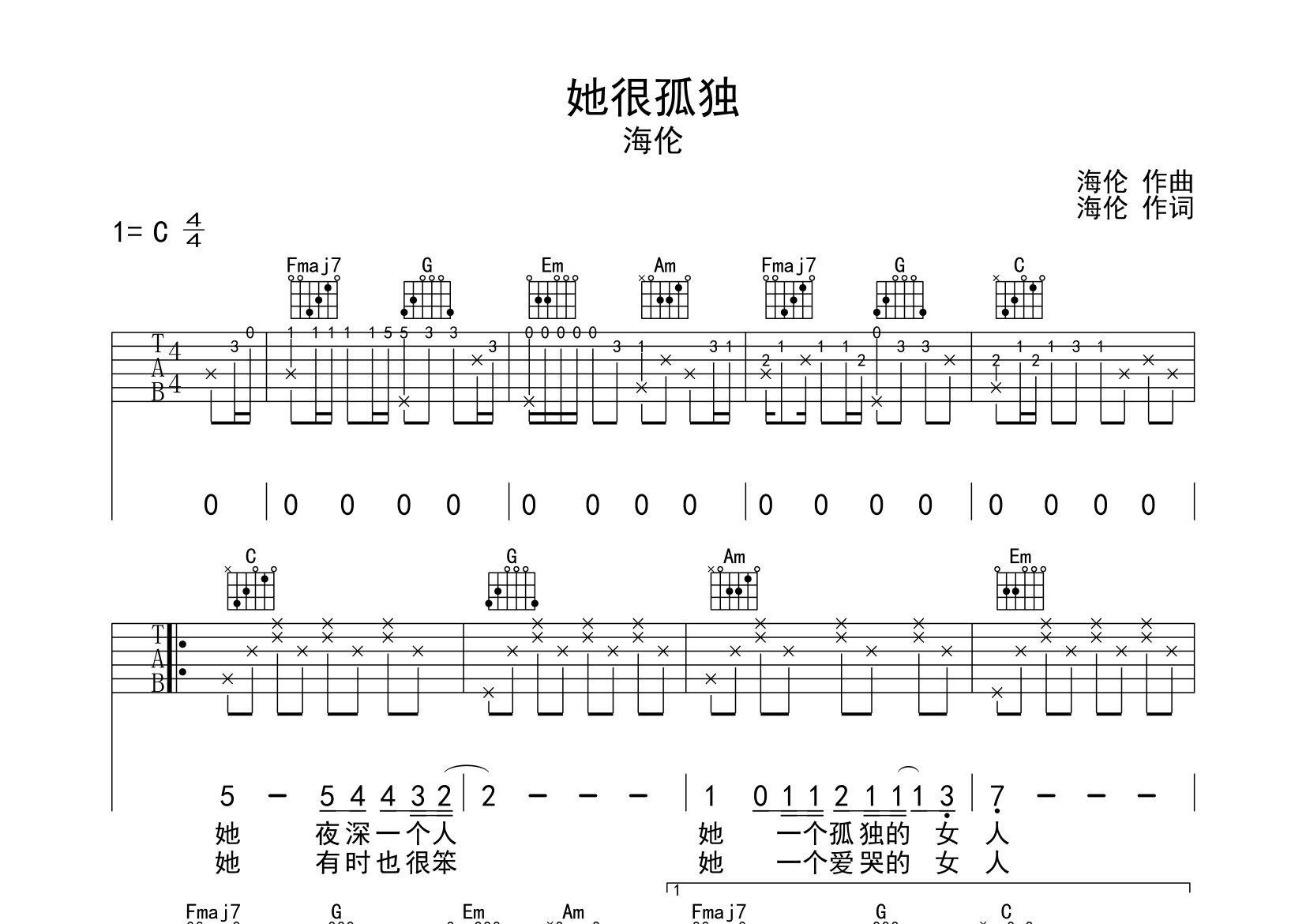 她很孤独吉他谱预览图