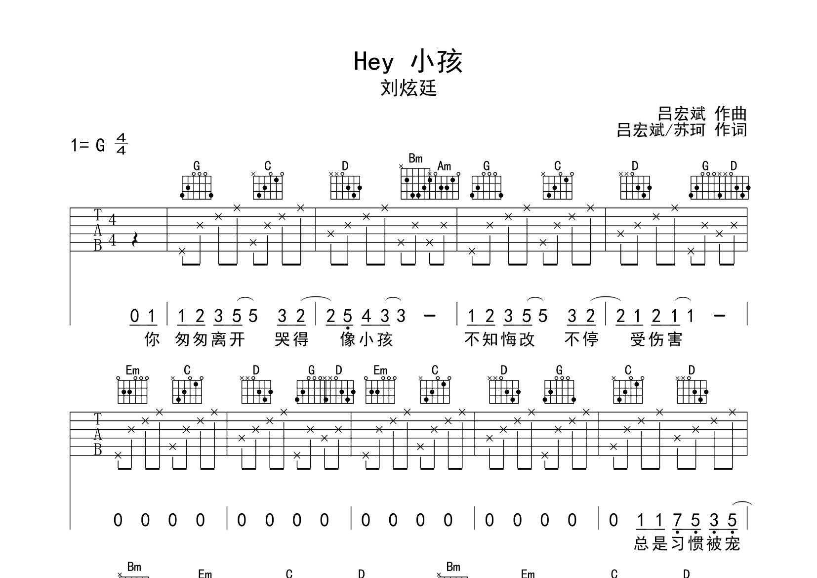 Hey小孩吉他谱预览图