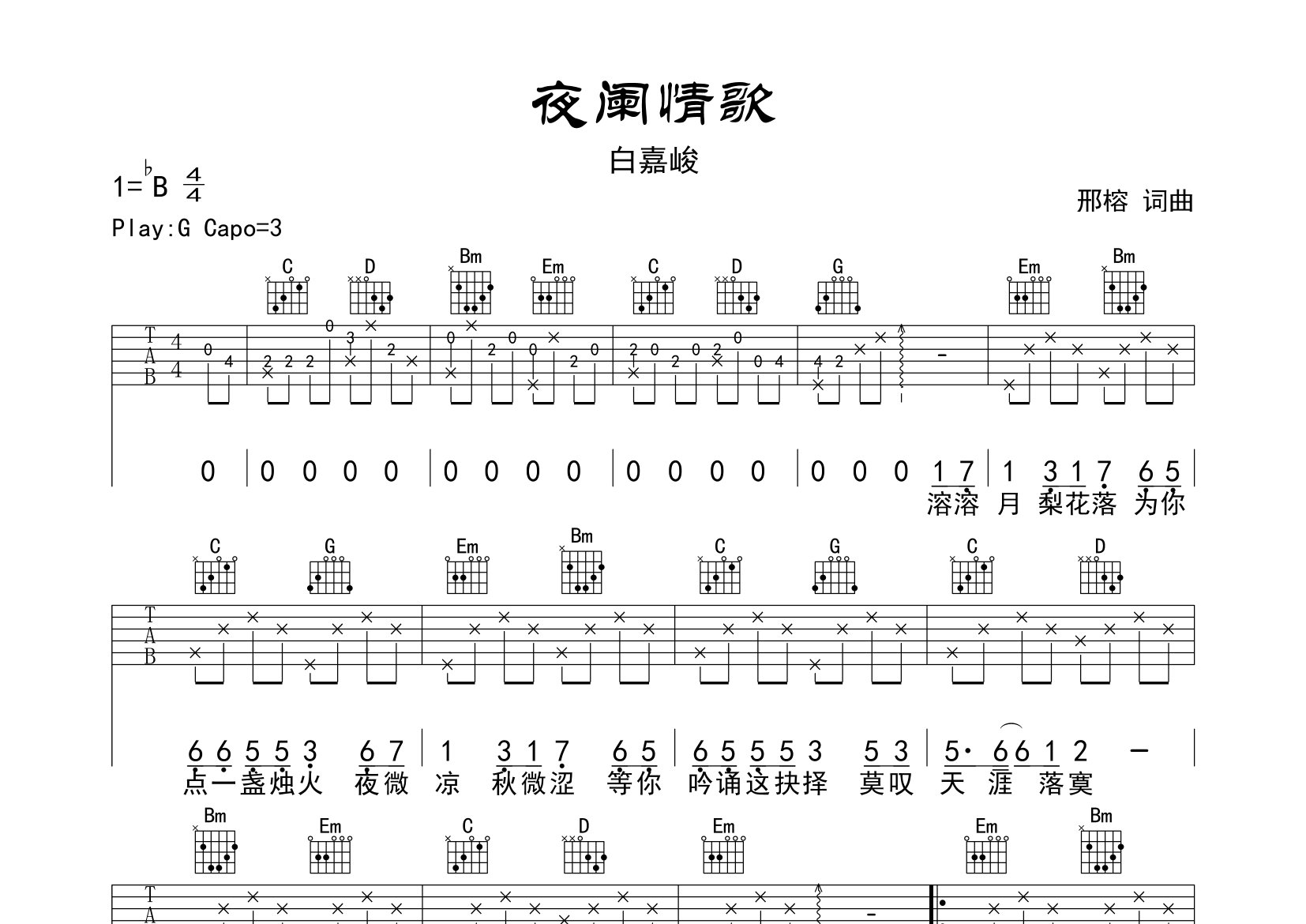 夜阑情歌吉他谱预览图