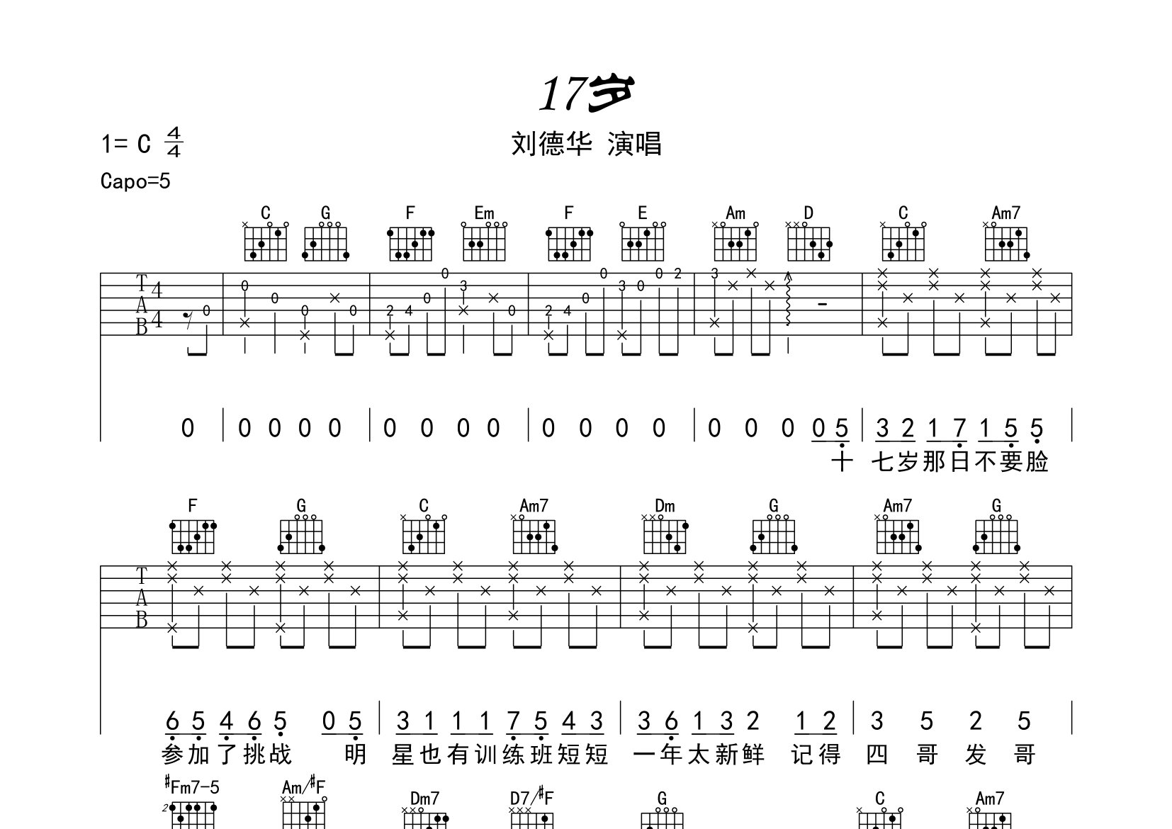 十七岁吉他谱预览图