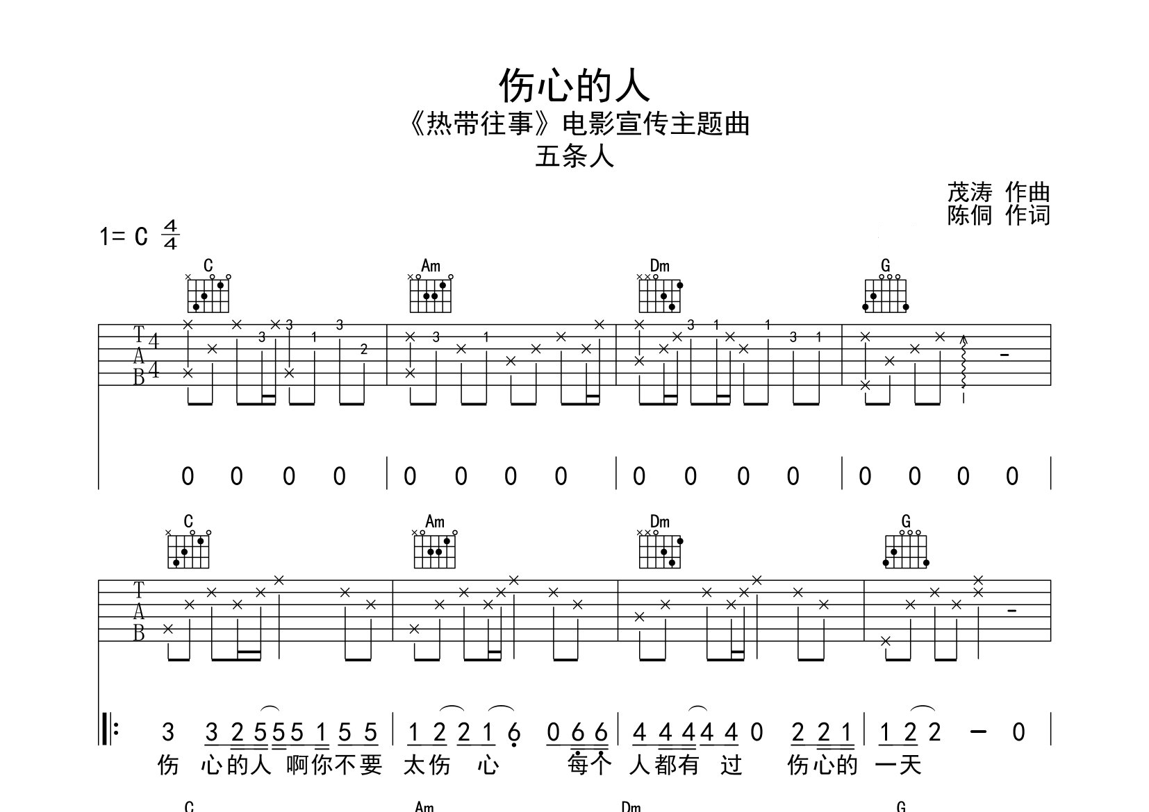 伤心的人吉他谱预览图