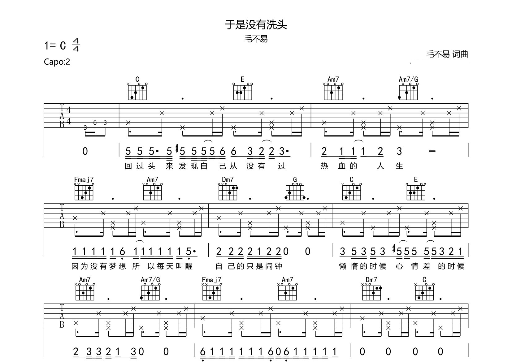 于是没有洗头吉他谱预览图