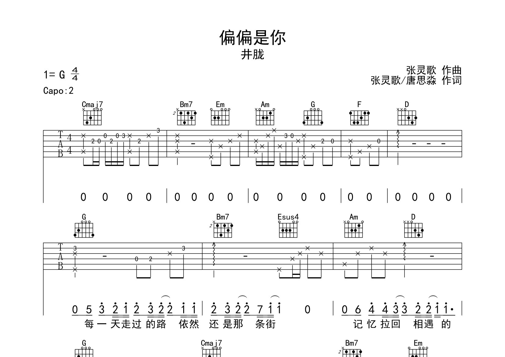 偏偏是你吉他谱预览图