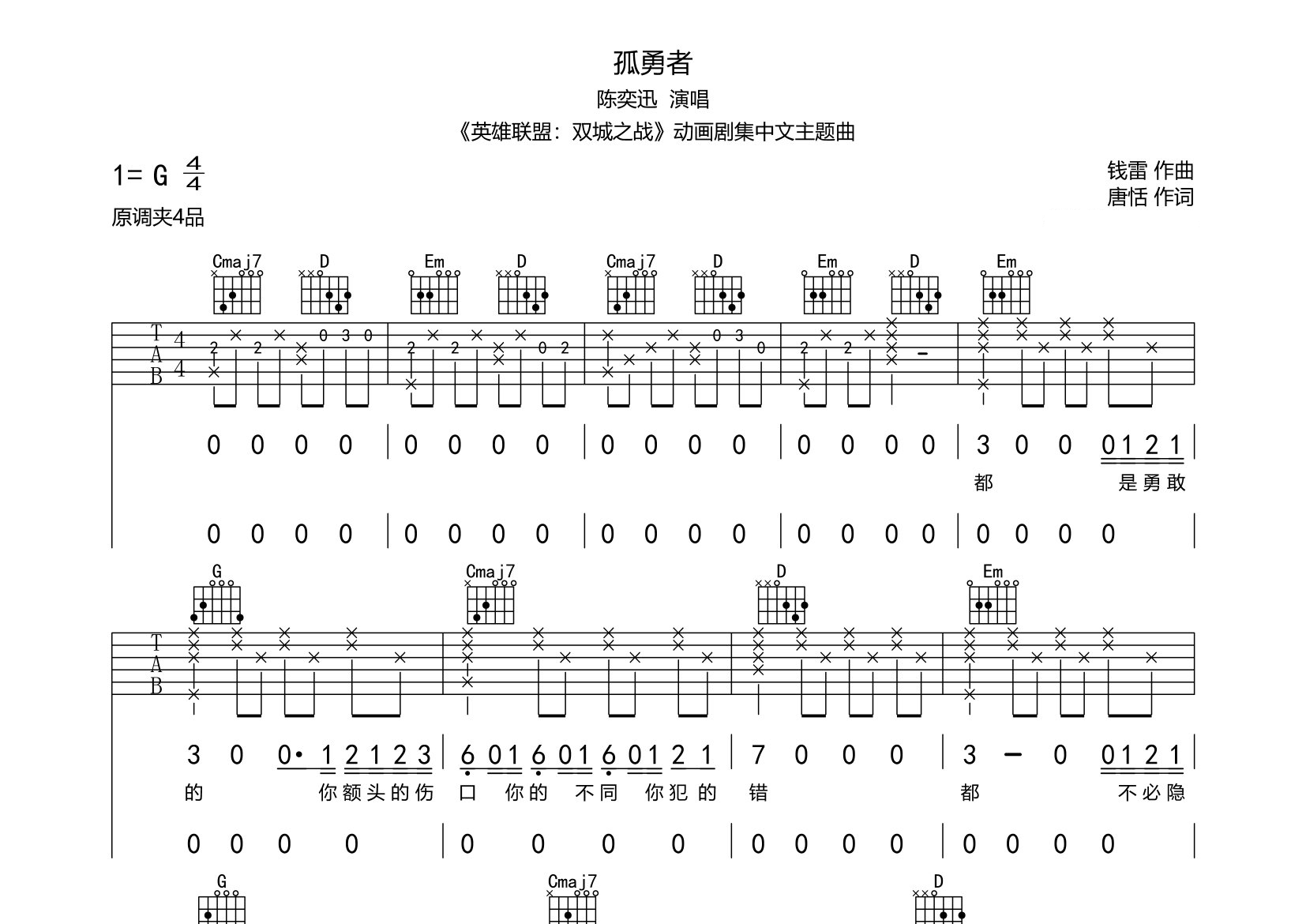孤勇者吉他谱预览图