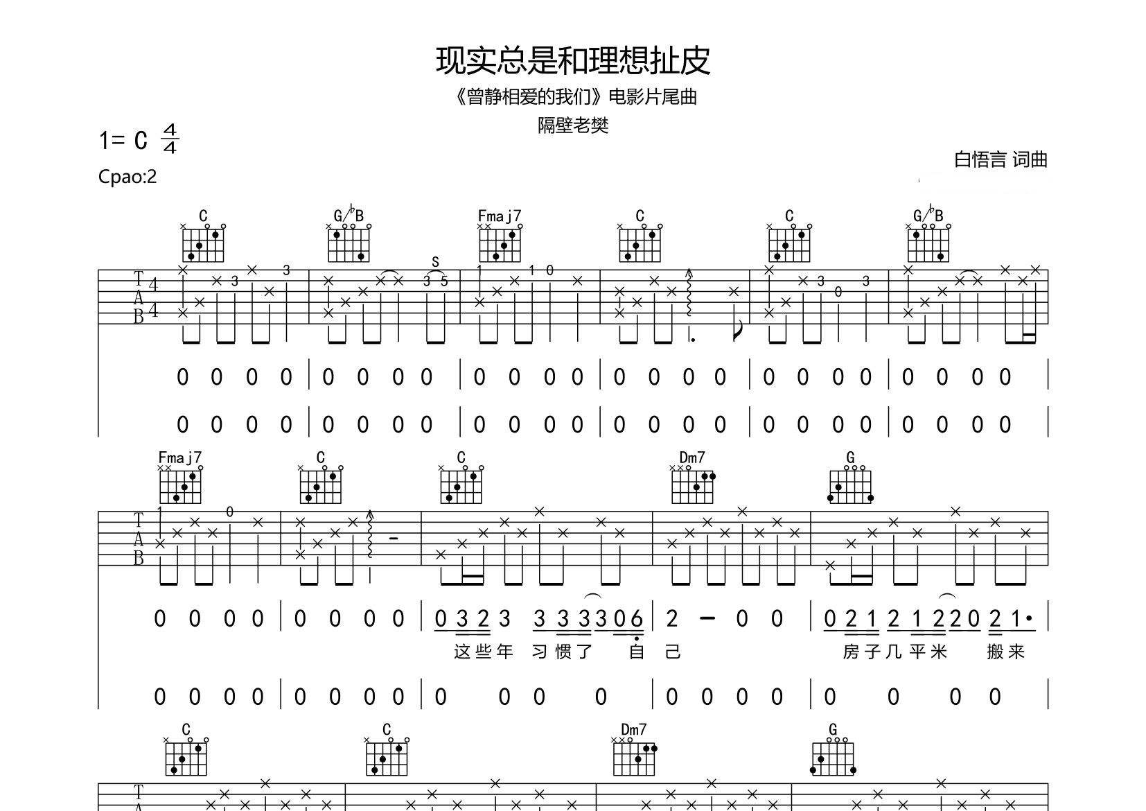 现实总是和理想扯皮吉他谱预览图