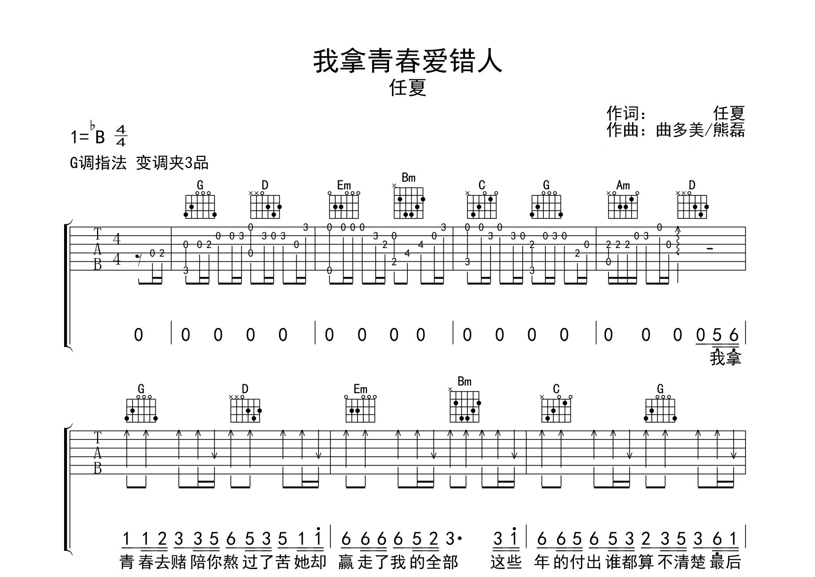 我拿青春爱错人吉他谱预览图