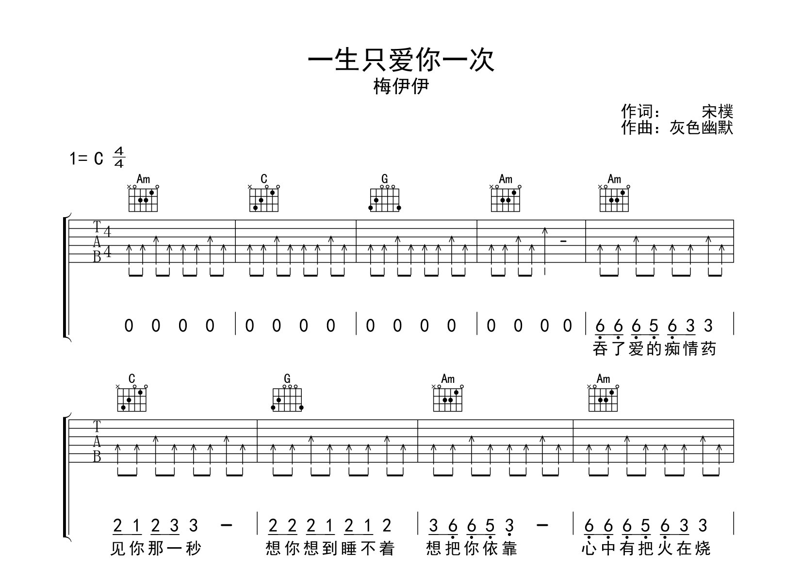 一生只爱你一次吉他谱预览图