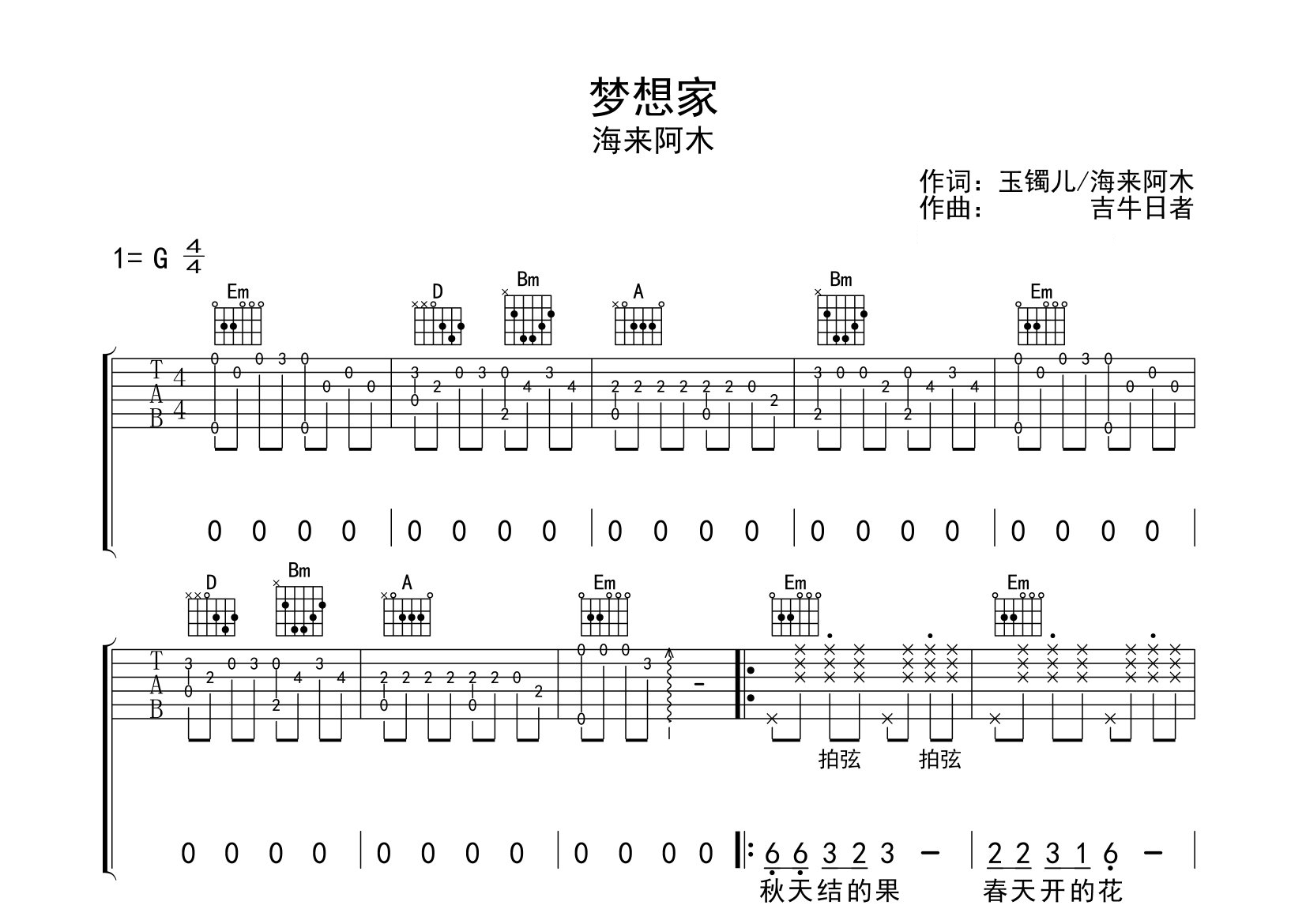 梦想家吉他谱预览图