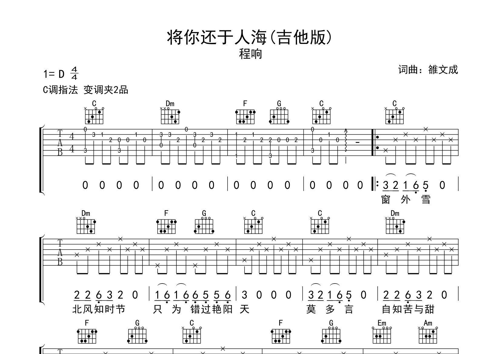 将你还于人海吉他谱预览图