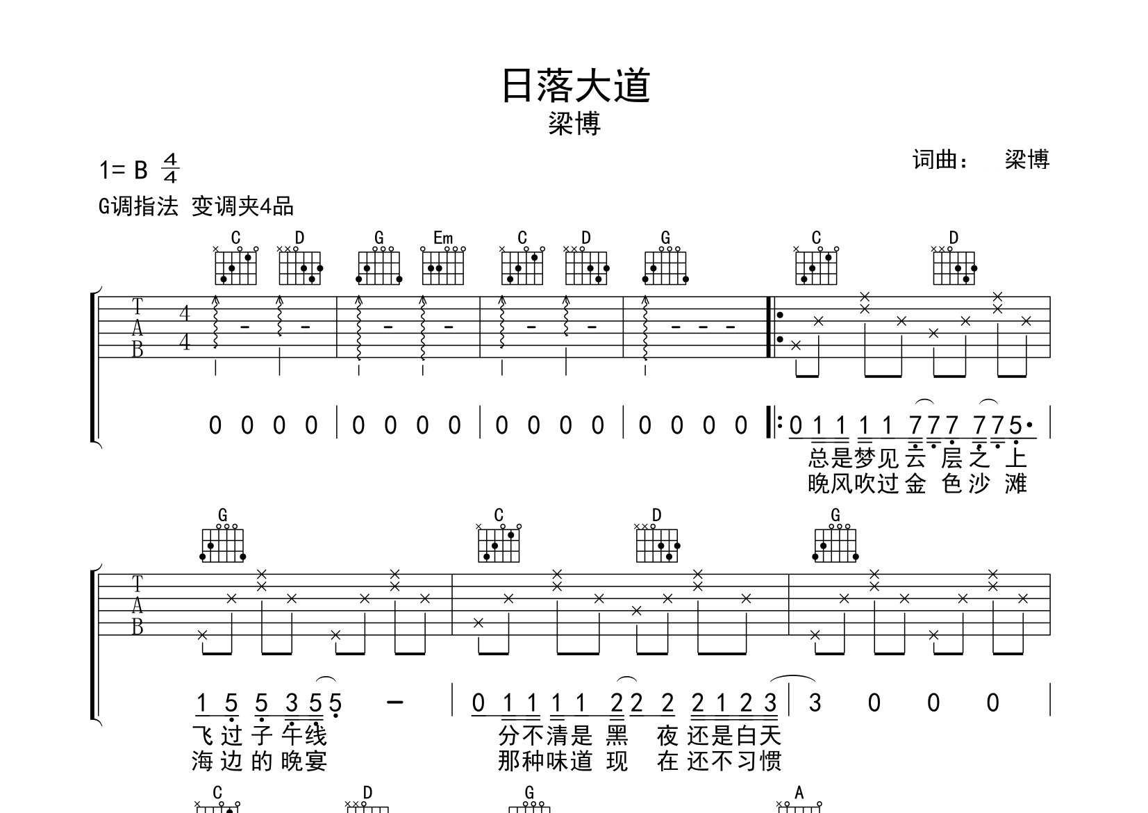日落大道吉他谱预览图