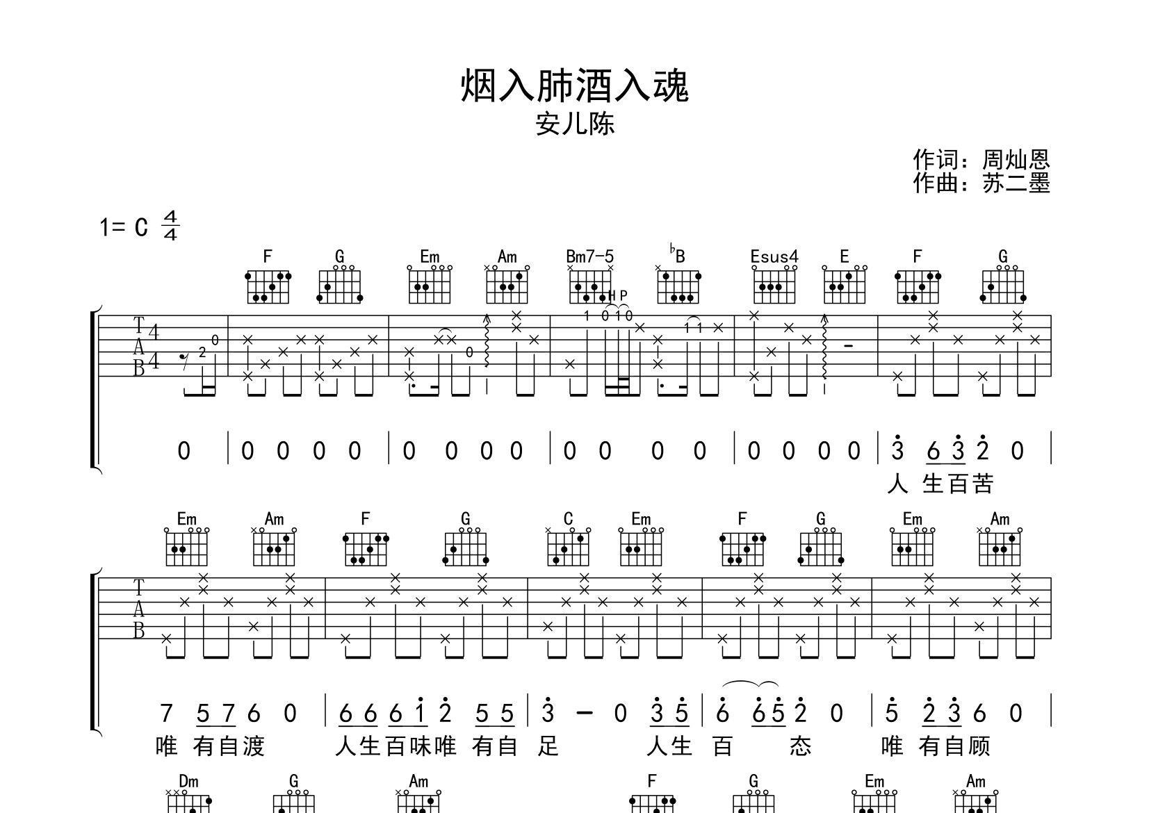 烟入肺酒入魂吉他谱预览图