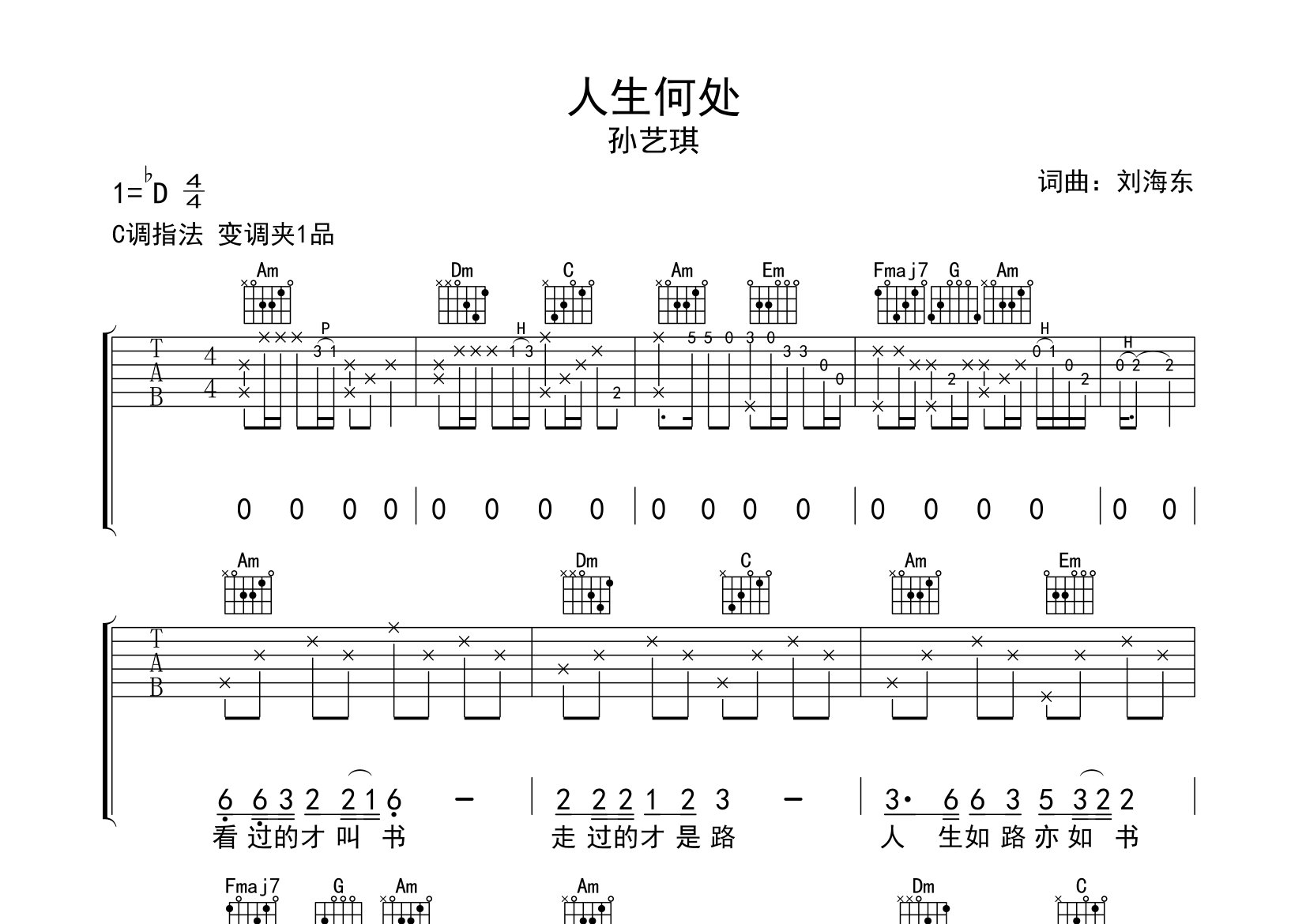 人生何处吉他谱预览图