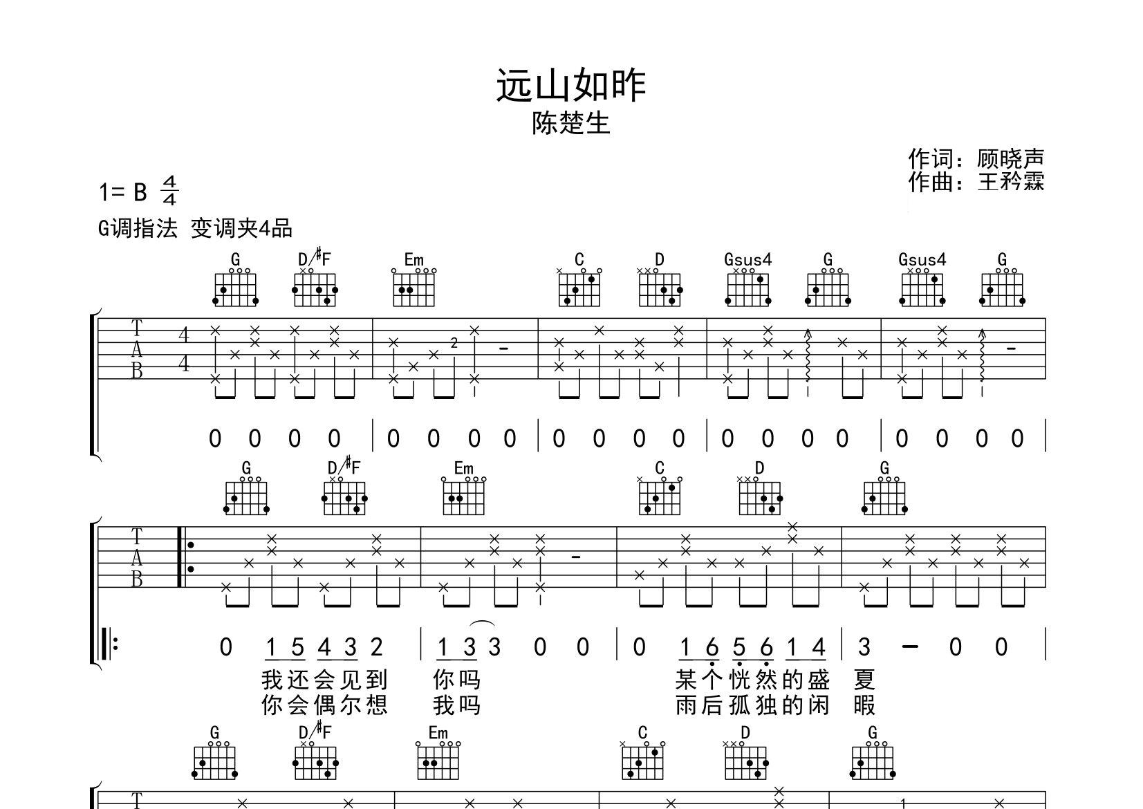 远山如昨吉他谱预览图