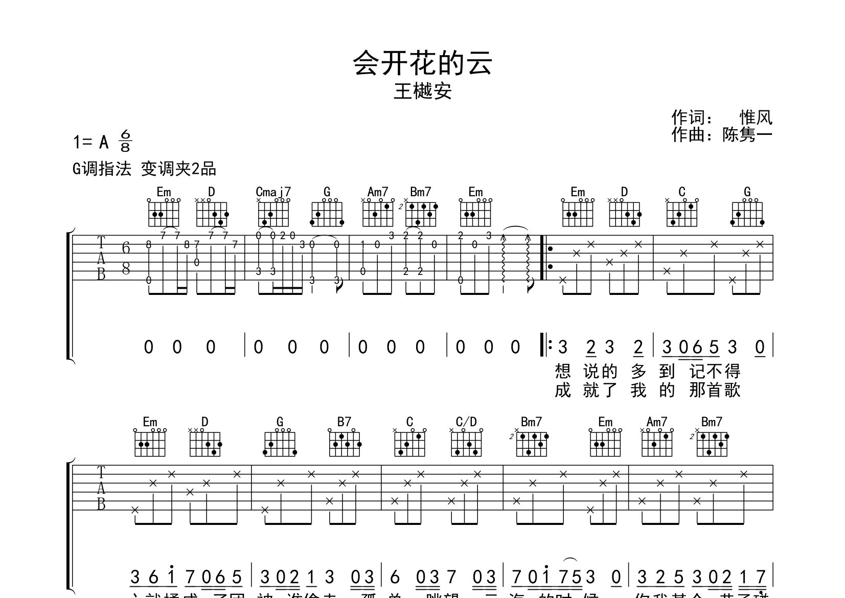 会开花的云吉他谱预览图