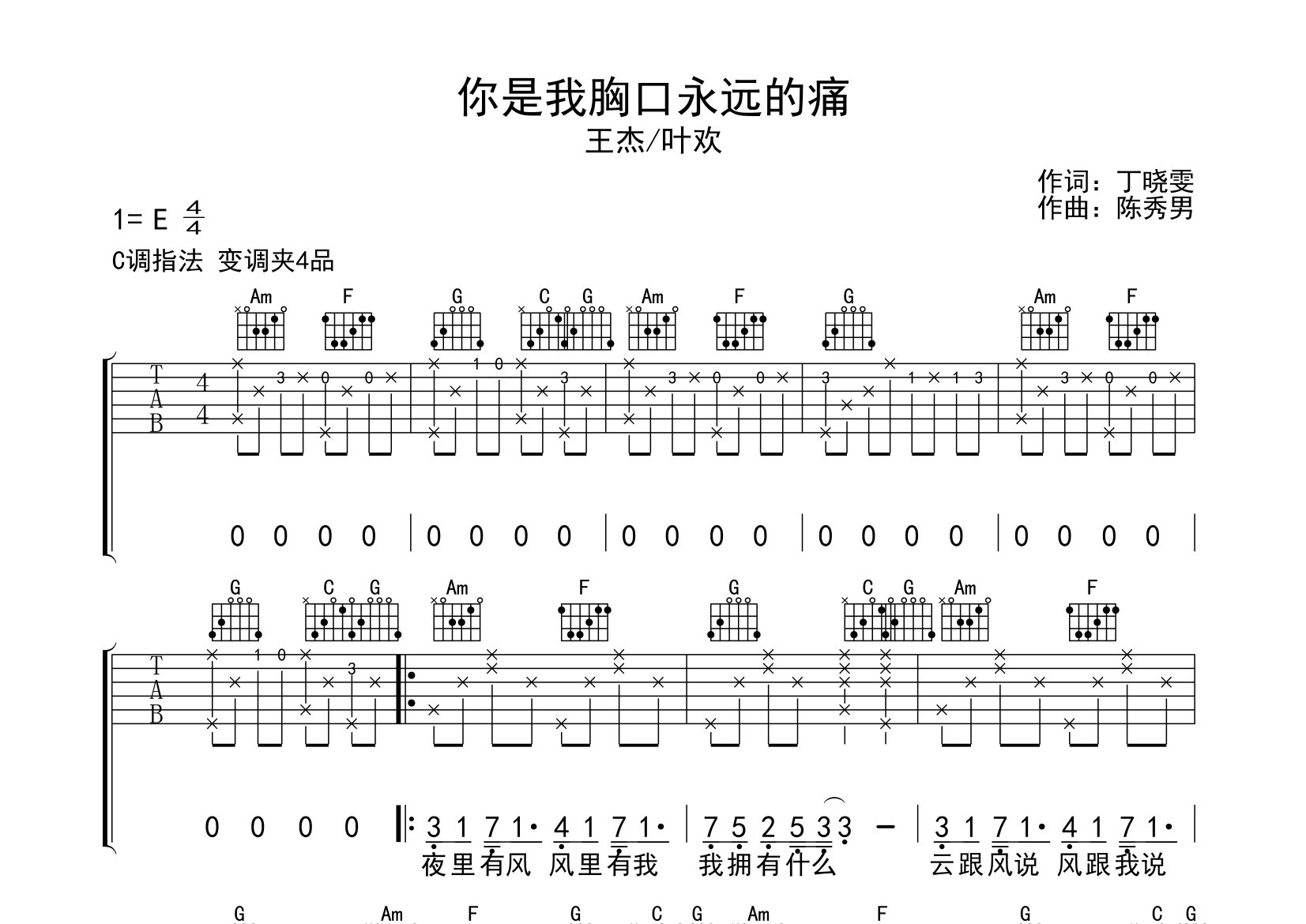 你是我胸口永远的痛吉他谱预览图