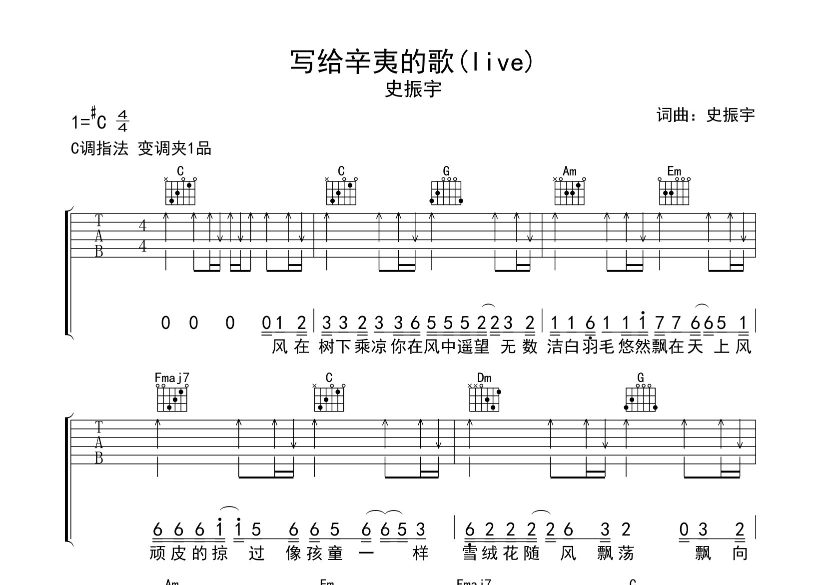 写给辛夷的歌吉他谱预览图