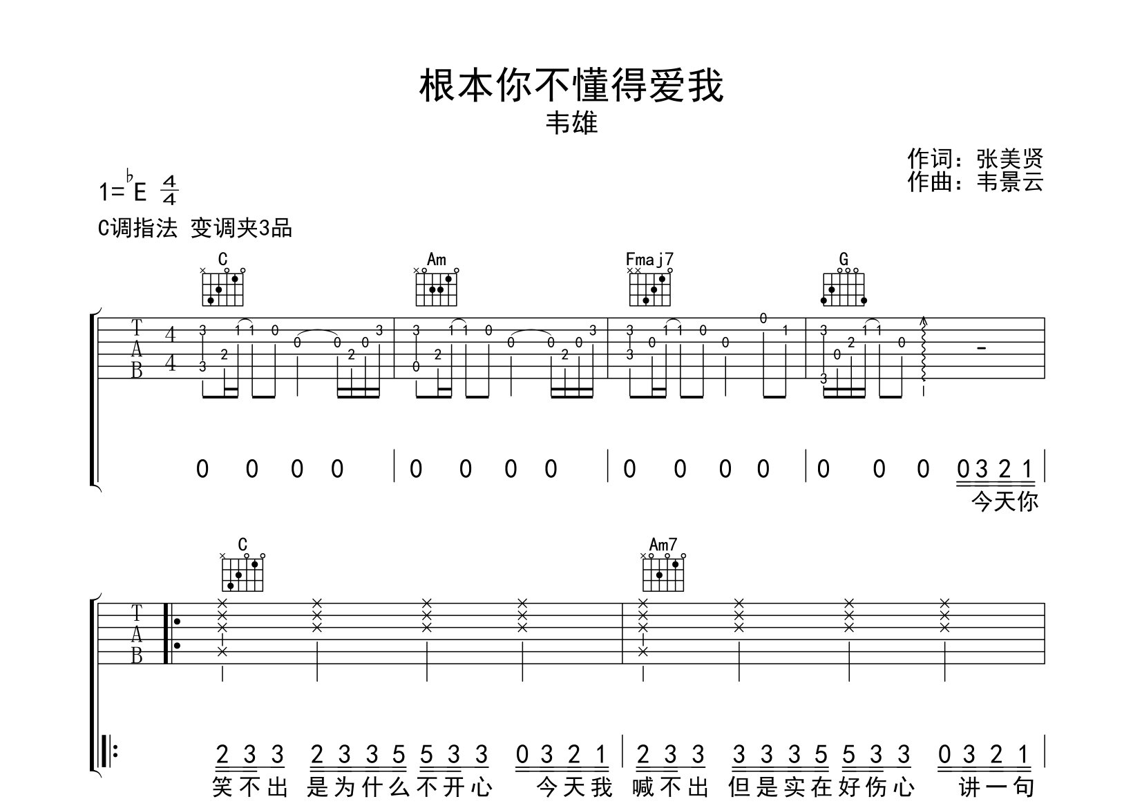 根本你不懂得爱我吉他谱预览图