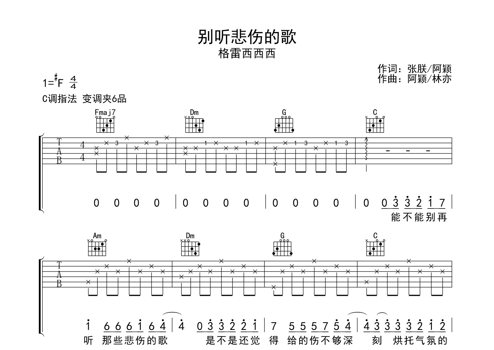 别听悲伤的歌吉他谱预览图